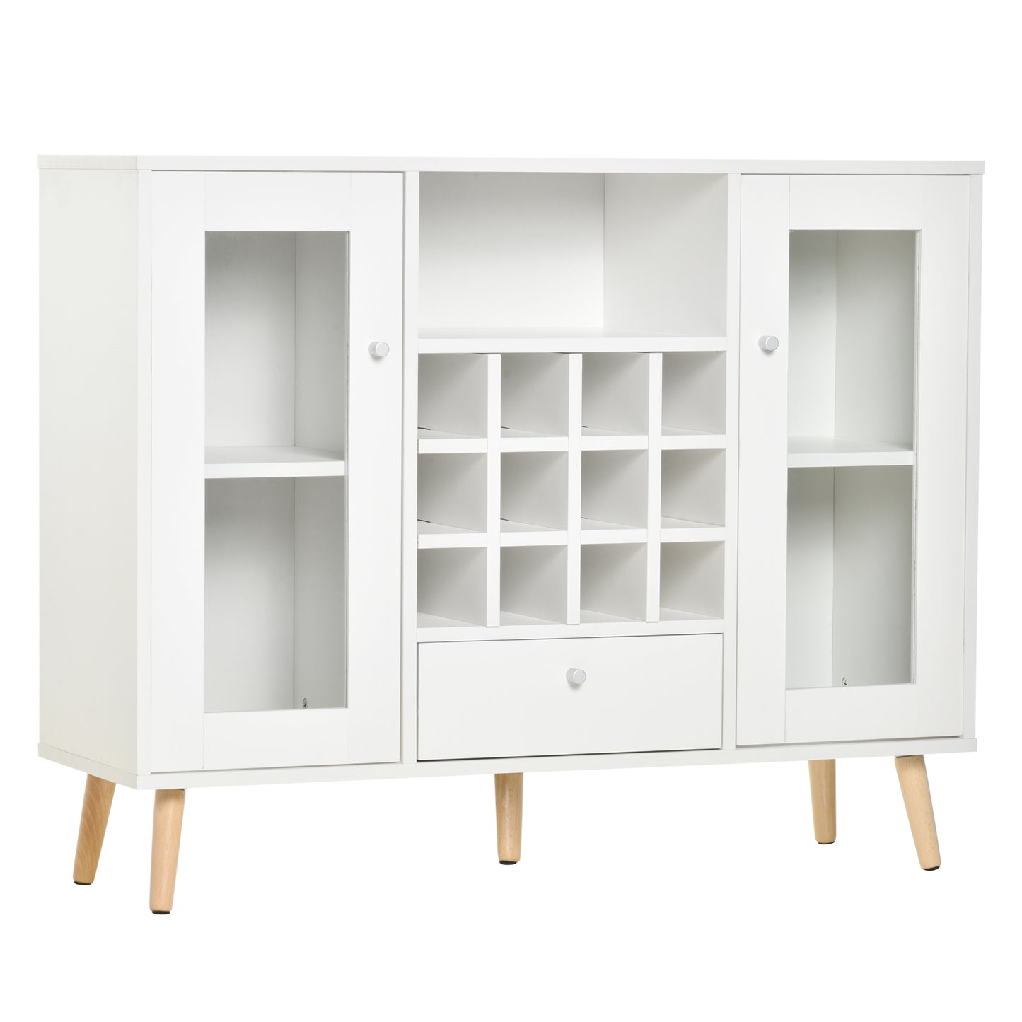 Sideboard Storage Cabinet, Kitchen Cupboard with Glass Doors, Drawer, 12-Bottle Wine Rack for Living Room, White