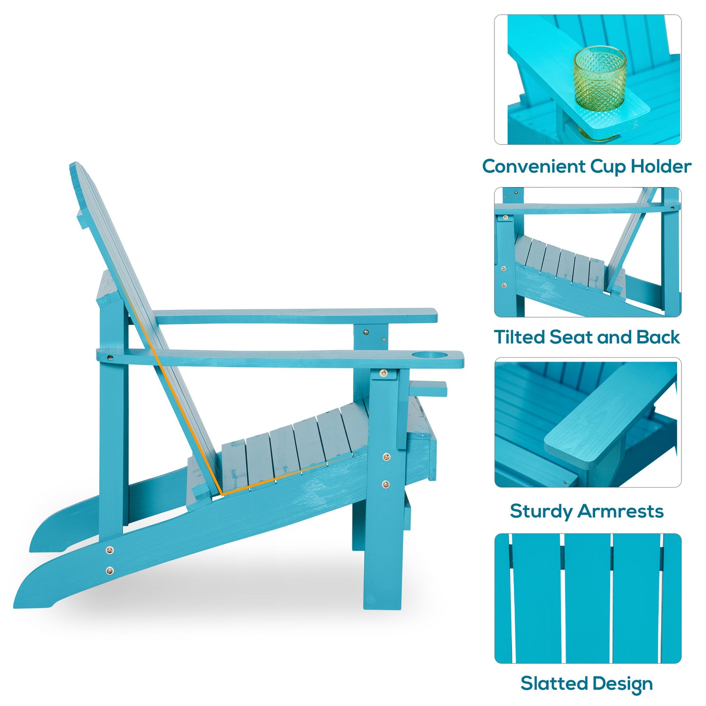 Outsunny Outdoor Classic Wooden Adirondack Deck Lounge Muskoka Chair with Ergonomic Design & a Built-In Cup Holder, Turquoise