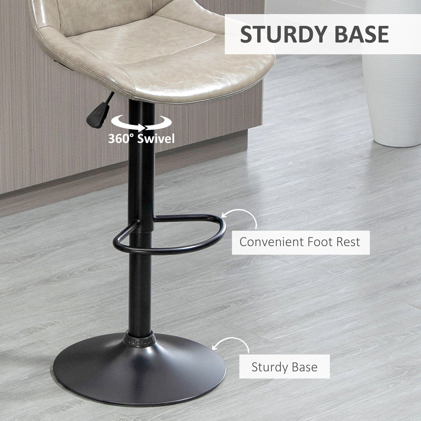 Adjustable Bar Stools Set of 2, Modern Kitchen Stools, 360 Degree Swivel Bar Height Chairs in PU Leather with Footrest, Grey