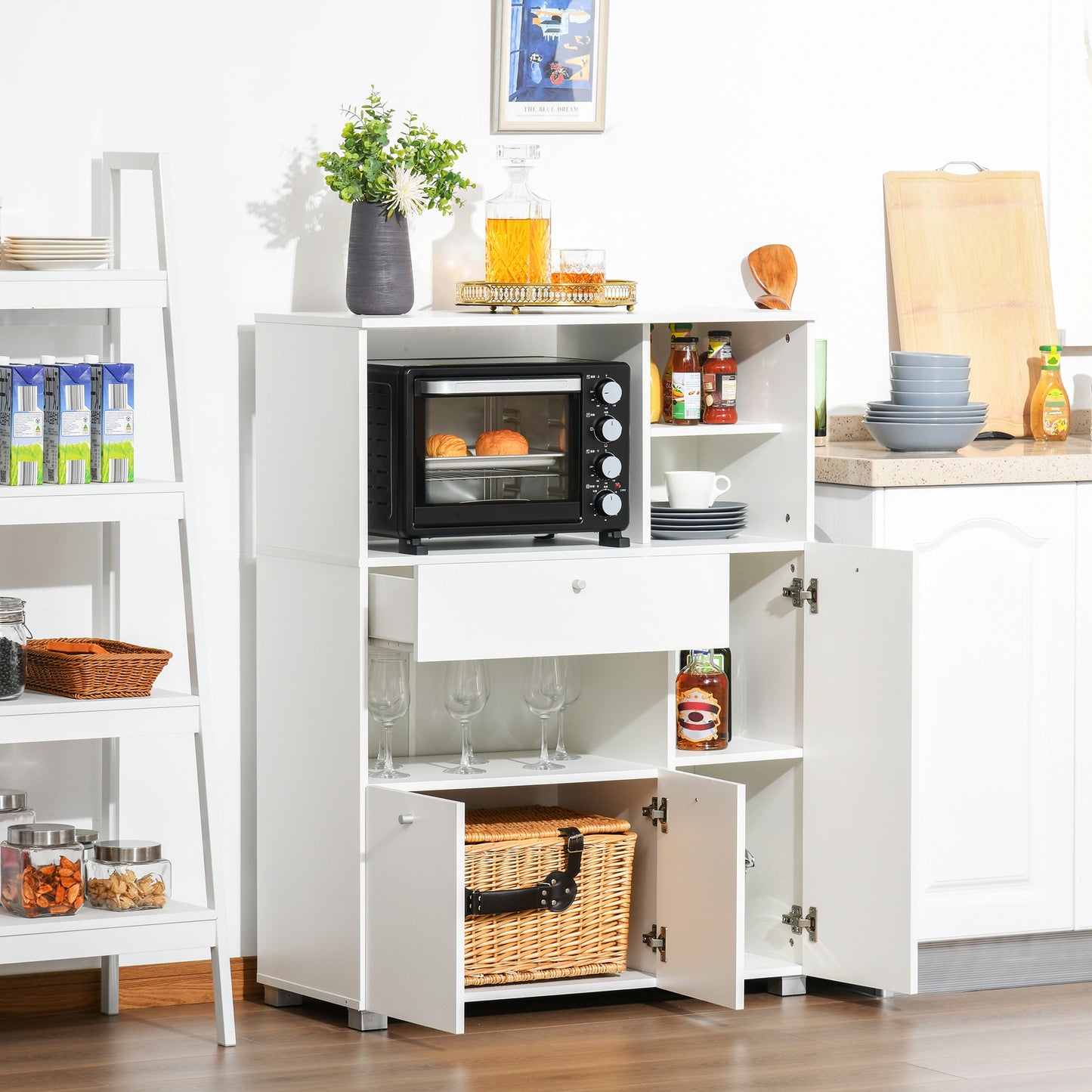 Compact Kitchen Pantry Buffet Server Hutch Storage Cabinet with Microwave Oven Stand Drawer and Shelves, White