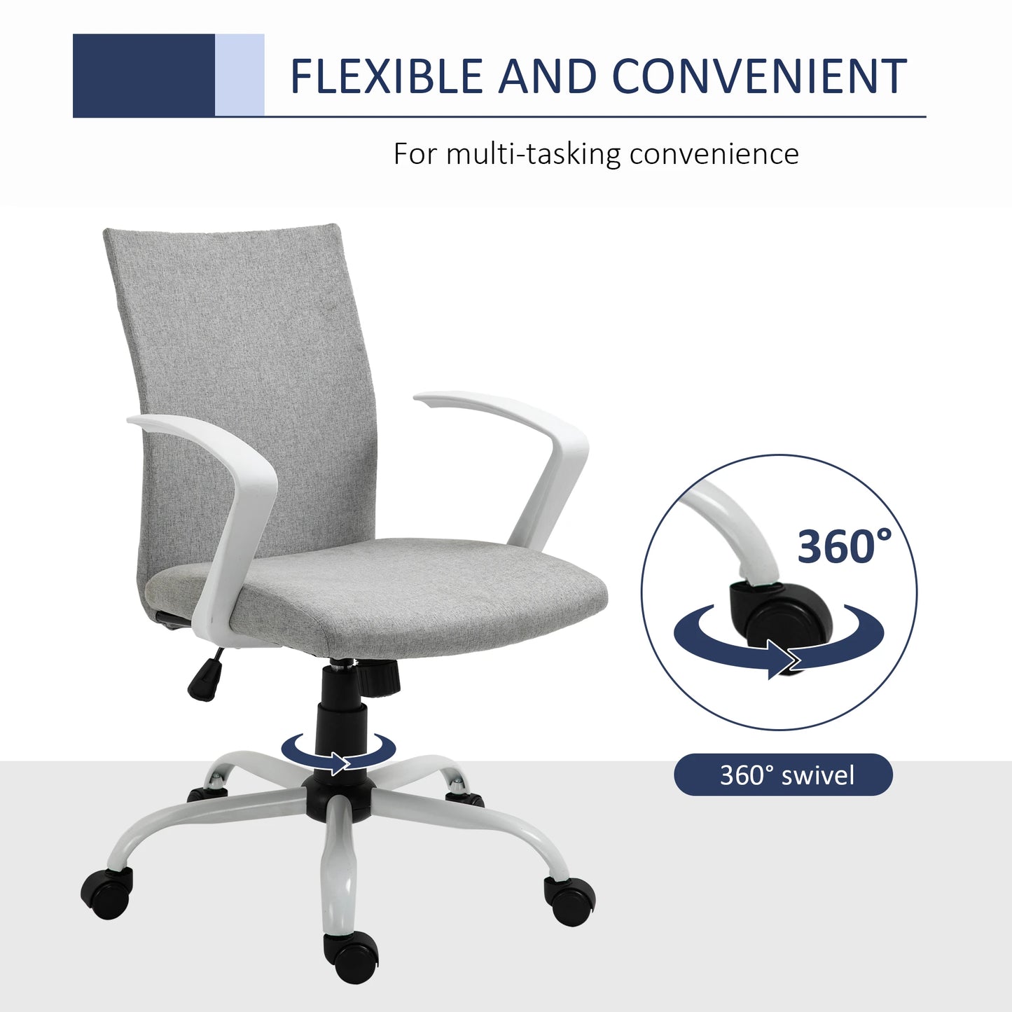 Office Chair Linen Swivel Computer Desk Office Chair  Study Task Chair with Wheels, Arm, Light Grey