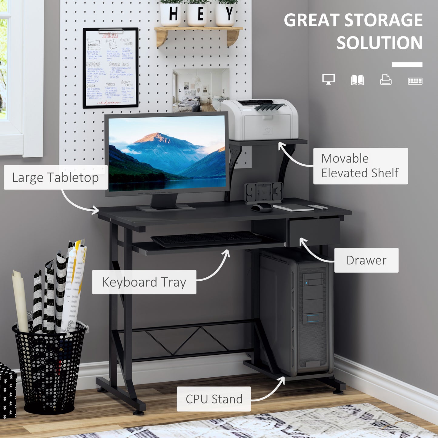 Computer Desk with Keyboard Tray, Writing Desk with Drawer, Workstation for Home Office, Black (35.4"Lx19.7"Wx37.4"H)