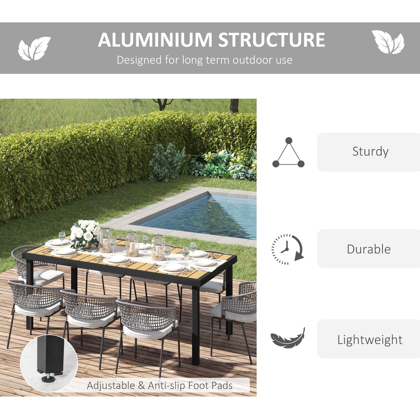 Outsunny Patio Dining Table for 8, Rectangular Aluminum Outdoor Table for Garden Lawn Backyard, Natural