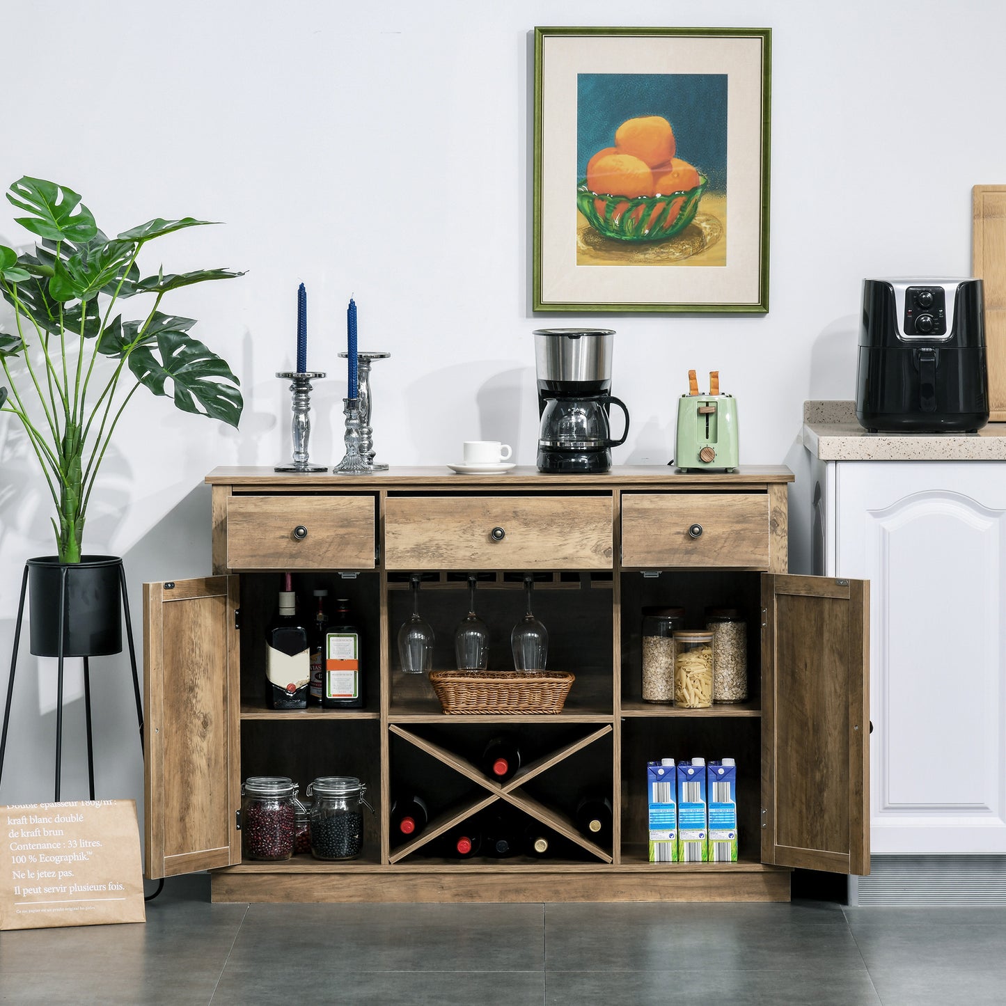 Farmhouse Sideboard Buffet Table Storage Cabinet with 3 Drawers, X-Shaped Wine Rack, Steamware Holder and Cabinets