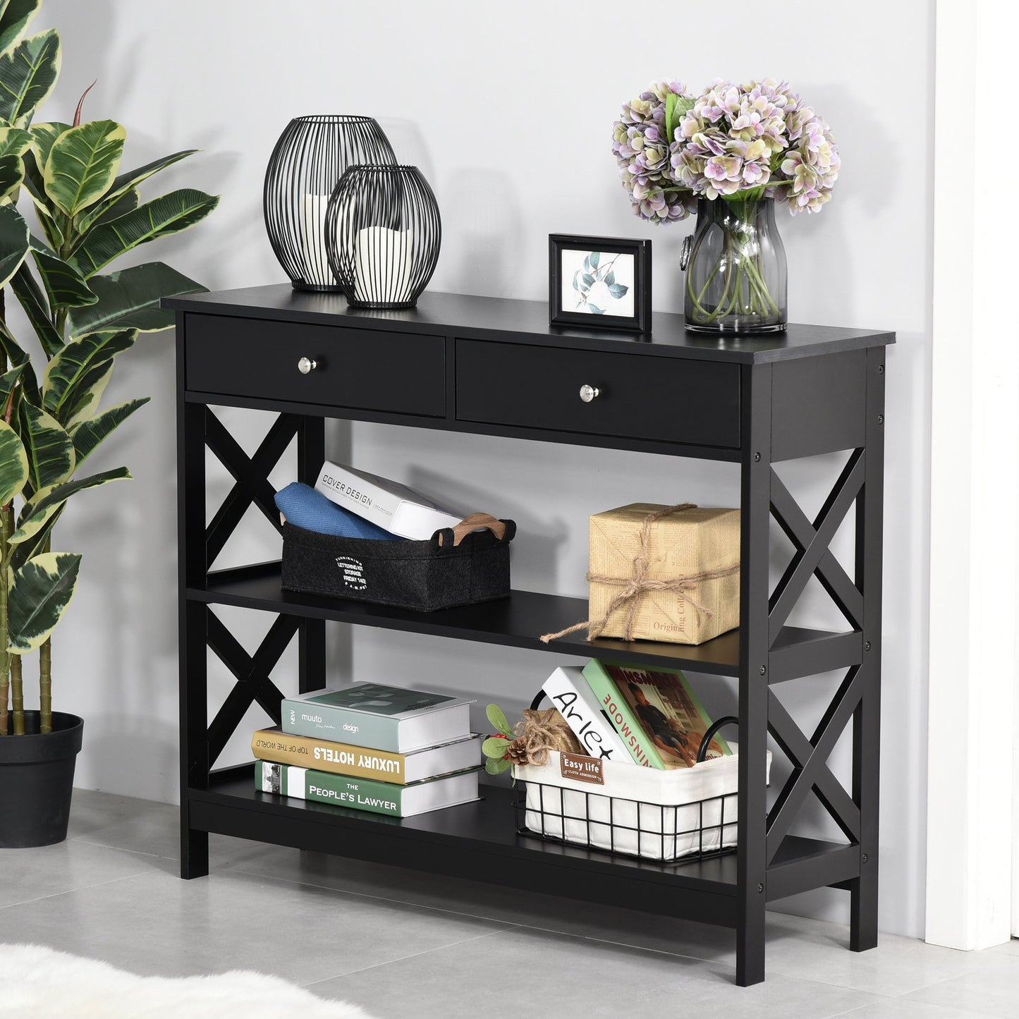 Console Table Sofa Side Desk with Storage Shelves Drawers X Frame for Living Room Entryway Bedroom Black