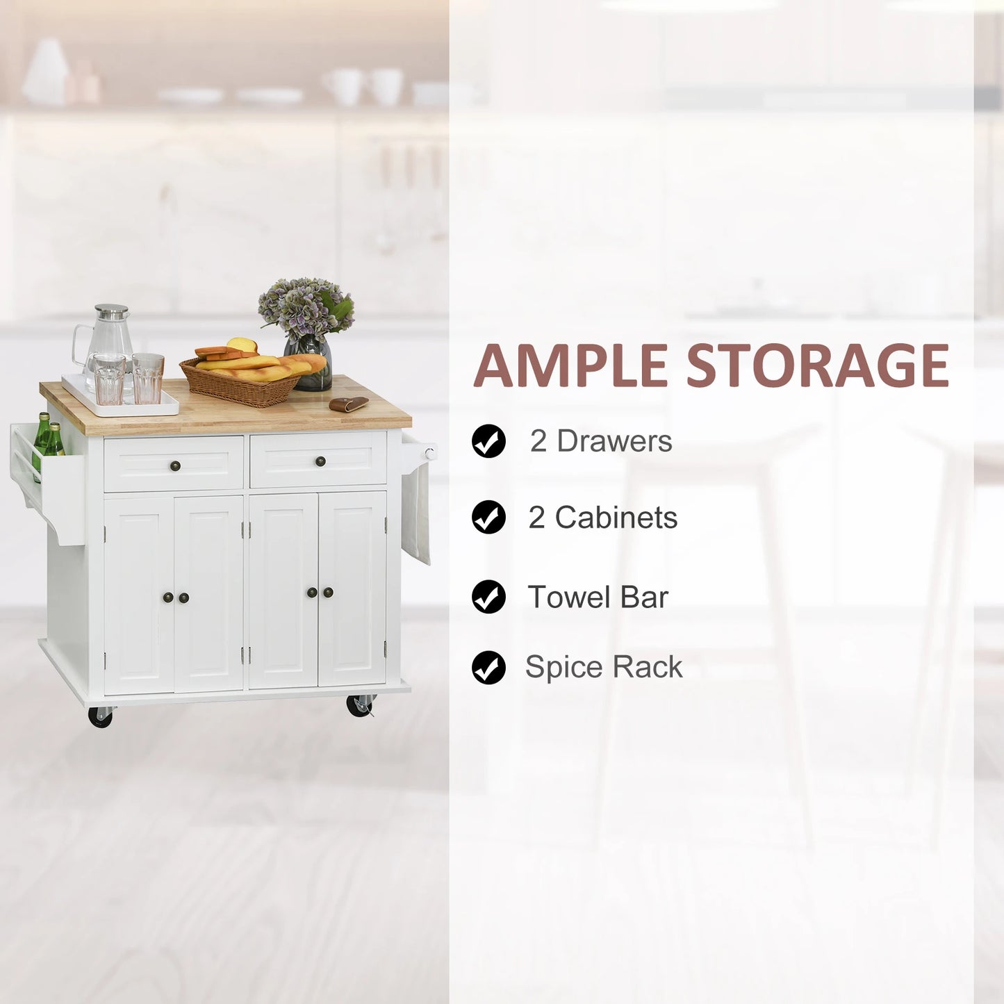 Rolling Kitchen Island Trolley Cart Spice Rack Towel Rack Drawer Wood Top White
