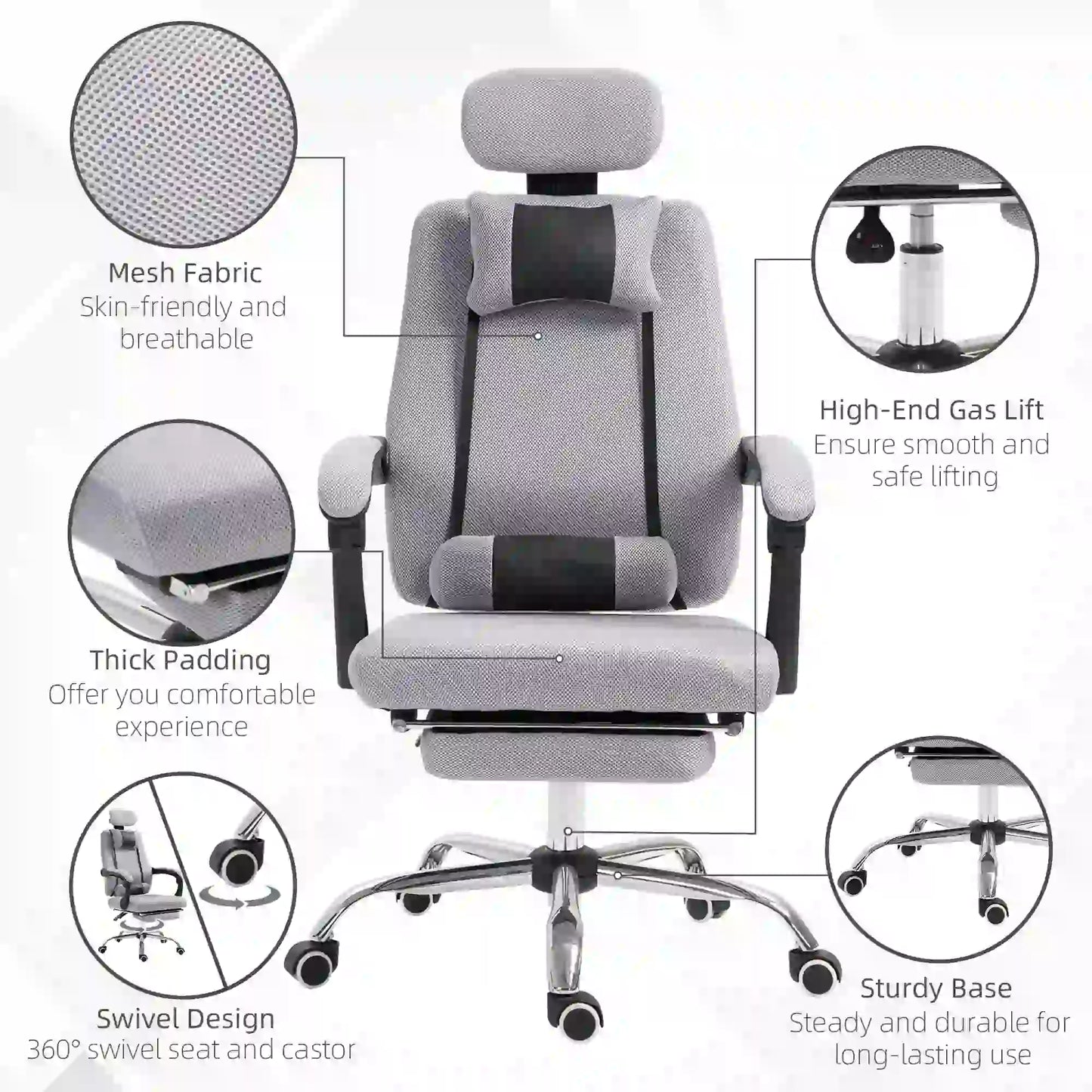 Ergonomic Executive Office Chair Lumbar Support with Footrest, Grey