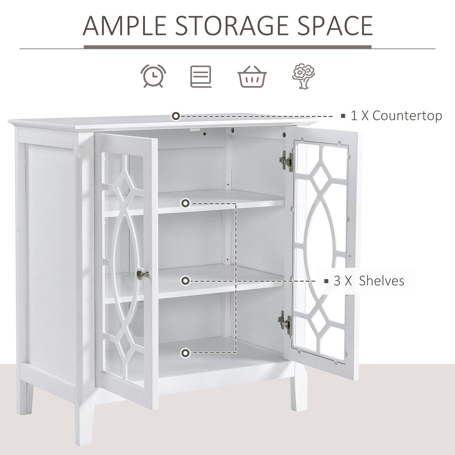 Sideboard Display Cabinet with Double Framed Glass Doors, 2 Adjustable Shelves, and Elevated Base, White