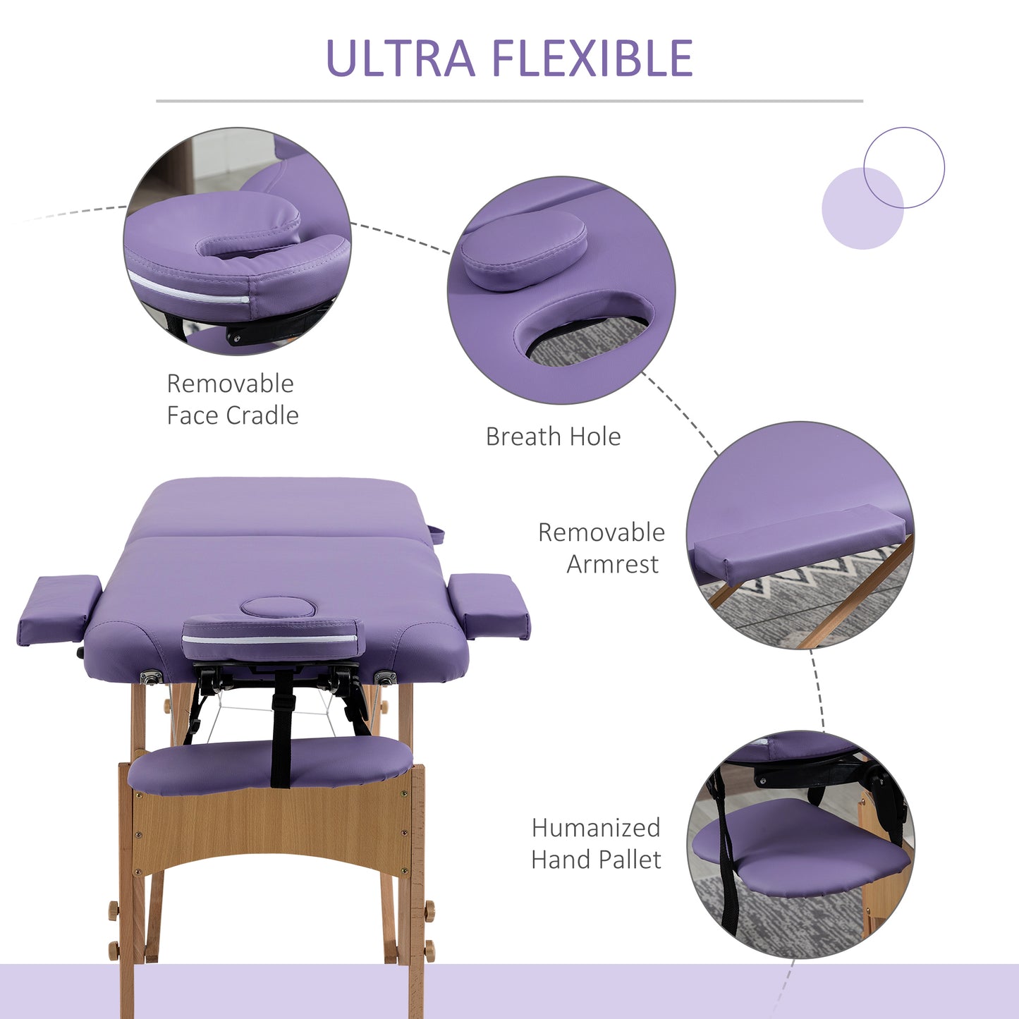 72Inch 2 Section Adjustable Massage Table Portable Folding Spa Facial Couch Bed w/ Free Carry Case Purple