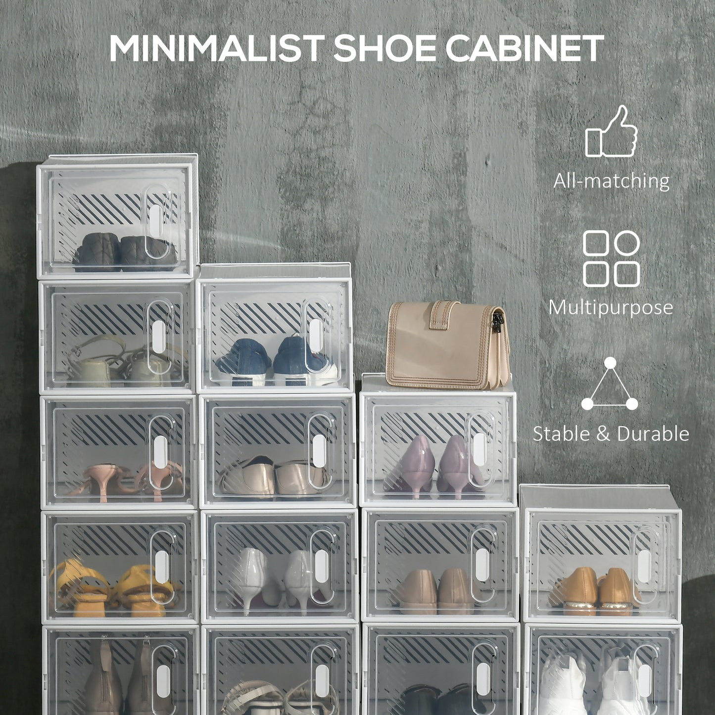 18-Cube Stackable Shoe Storage Organizer, Modular Shoe Cabinet, Ideal for Entryway, Hallway, Closet, 9.75 x 13.75 x 7.5 Inches, Clear and White