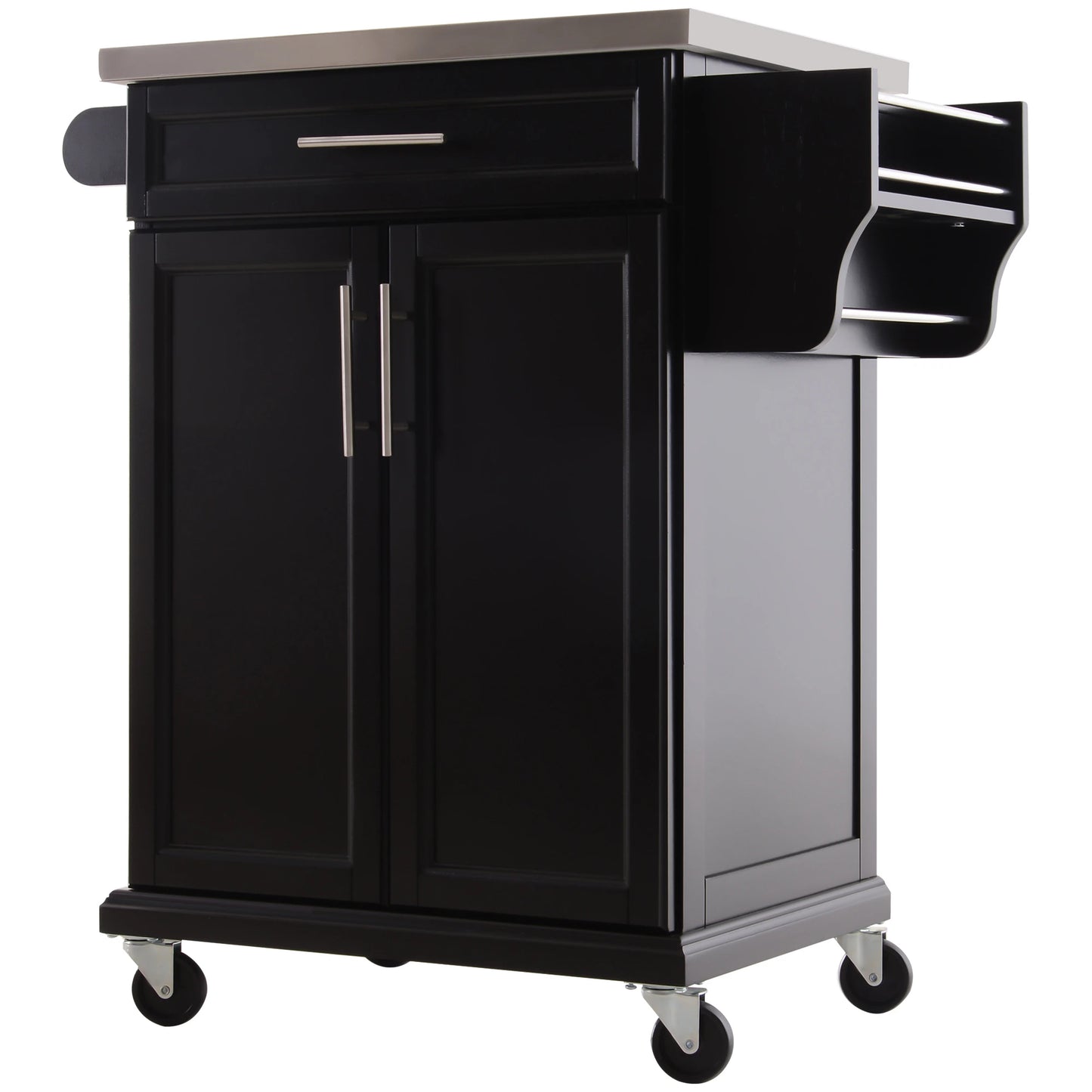 Multi-Use Rolling Kitchen Island Utility Cart Wood Cart and Stainless Steel Table Top On Wheels, Black