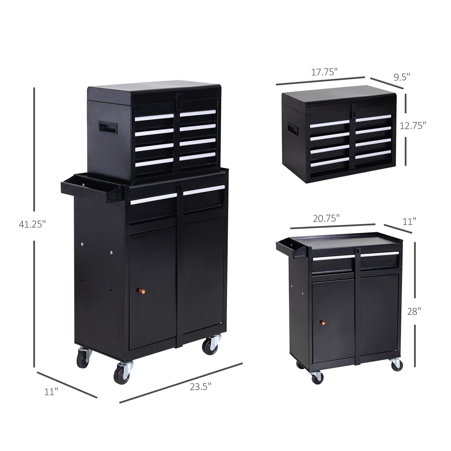 Rolling Tool Cabinet 2 in 1 Top Chest Storage Box 5 Drawers with Pegboard and Adjustable Shelf, Black