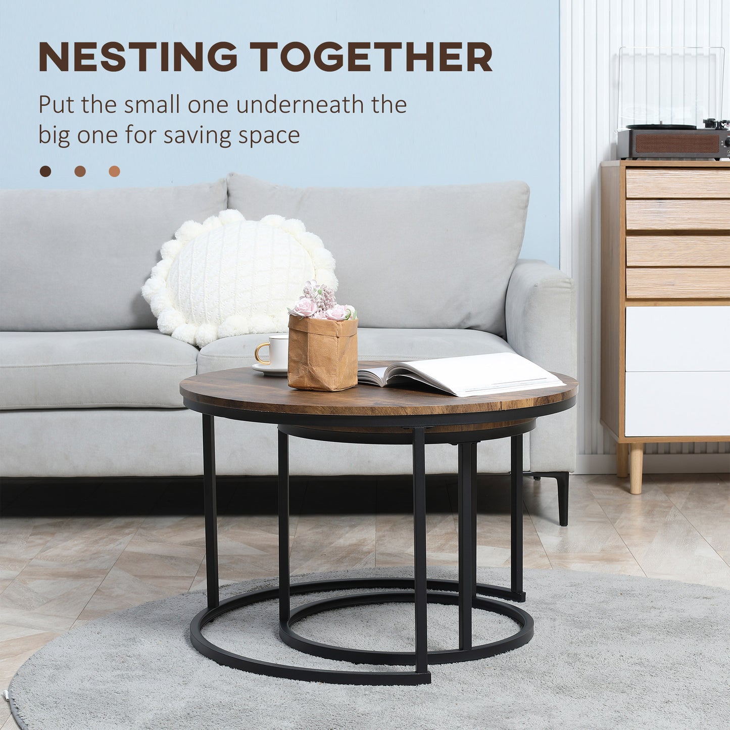 Round Nesting Tables Set of 2, Stacking Coffee Table Set with Metal Frame for Living Room, Rustic Brown