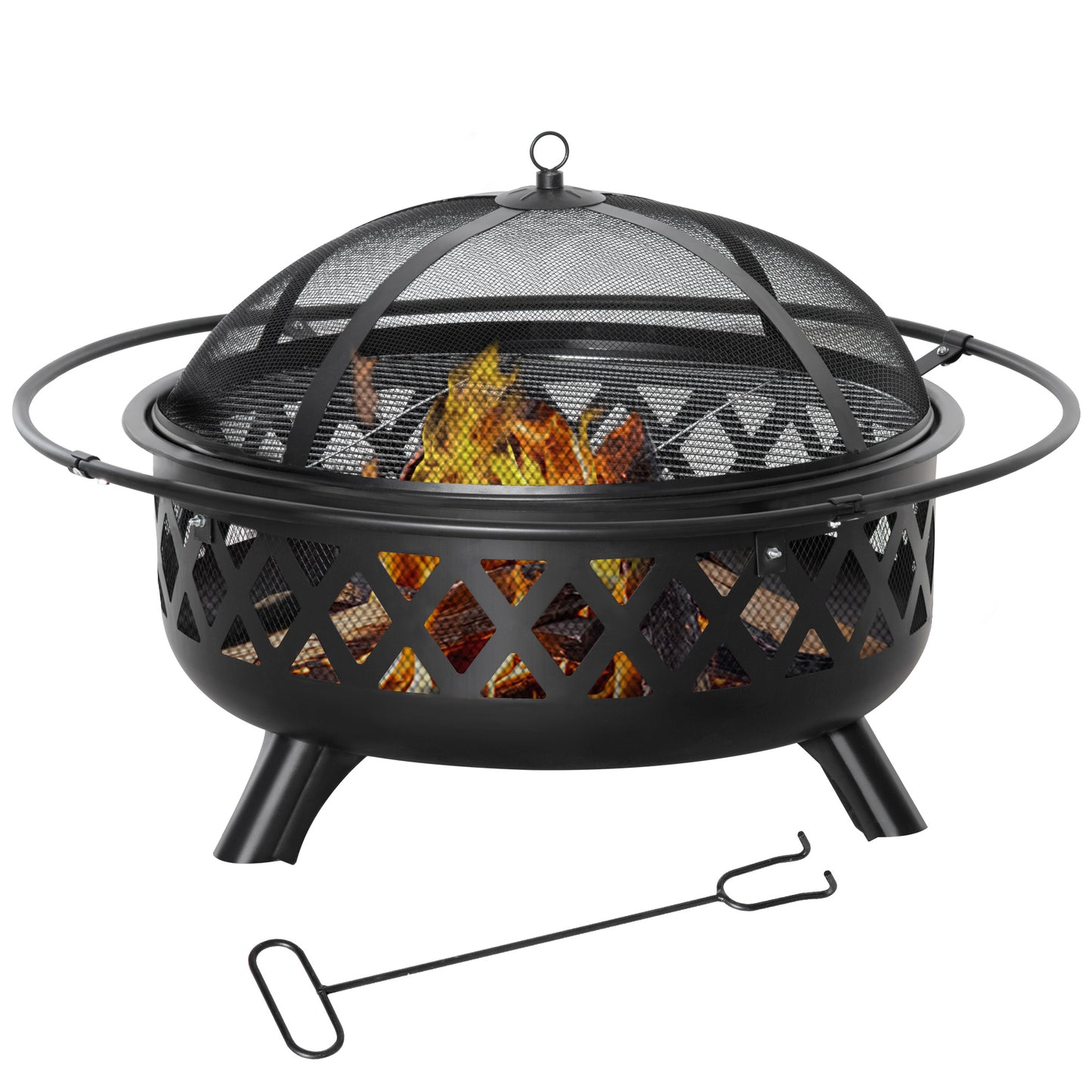 2-in-1 Outdoor Fire Pit with BBQ Cooking Grill, Round Firepit Bowl with Spark Screen Cover, Poker for Backyard Bonfire