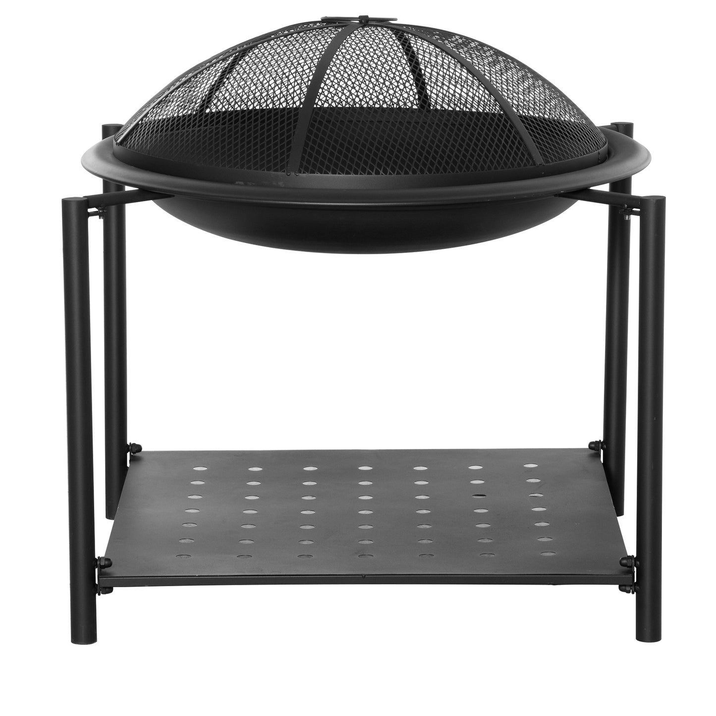 Outdoor Fire Pit with Screen Cover and Storage Shelf, Wood Burning Fire Bowl with Poker for Patio, Backyard, Black