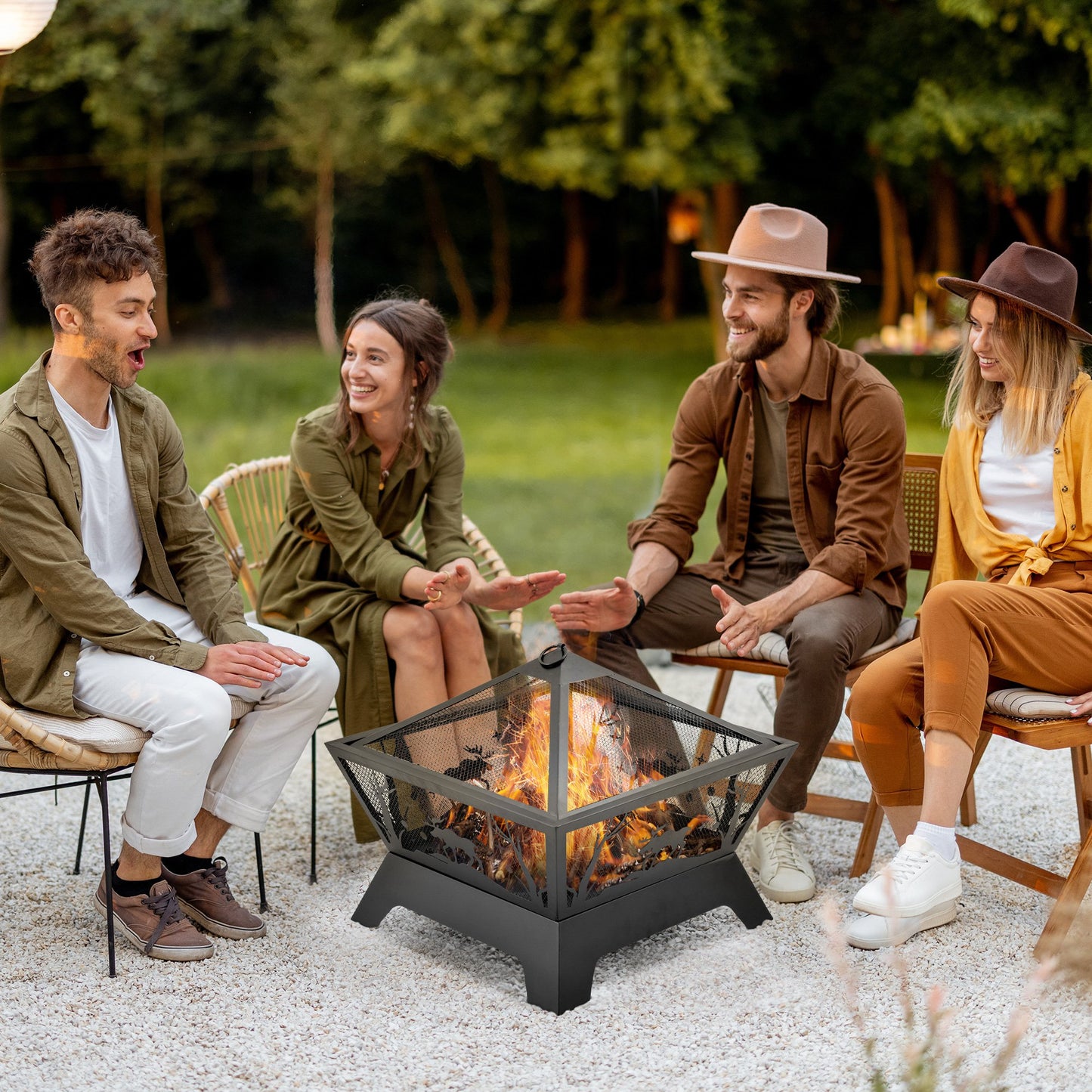 Outsunny 22'' Outdoor Fire Pit, Portable Wood Burning Firepit with Spark Screen, Poker for Patio, BBQ, Camping, Black