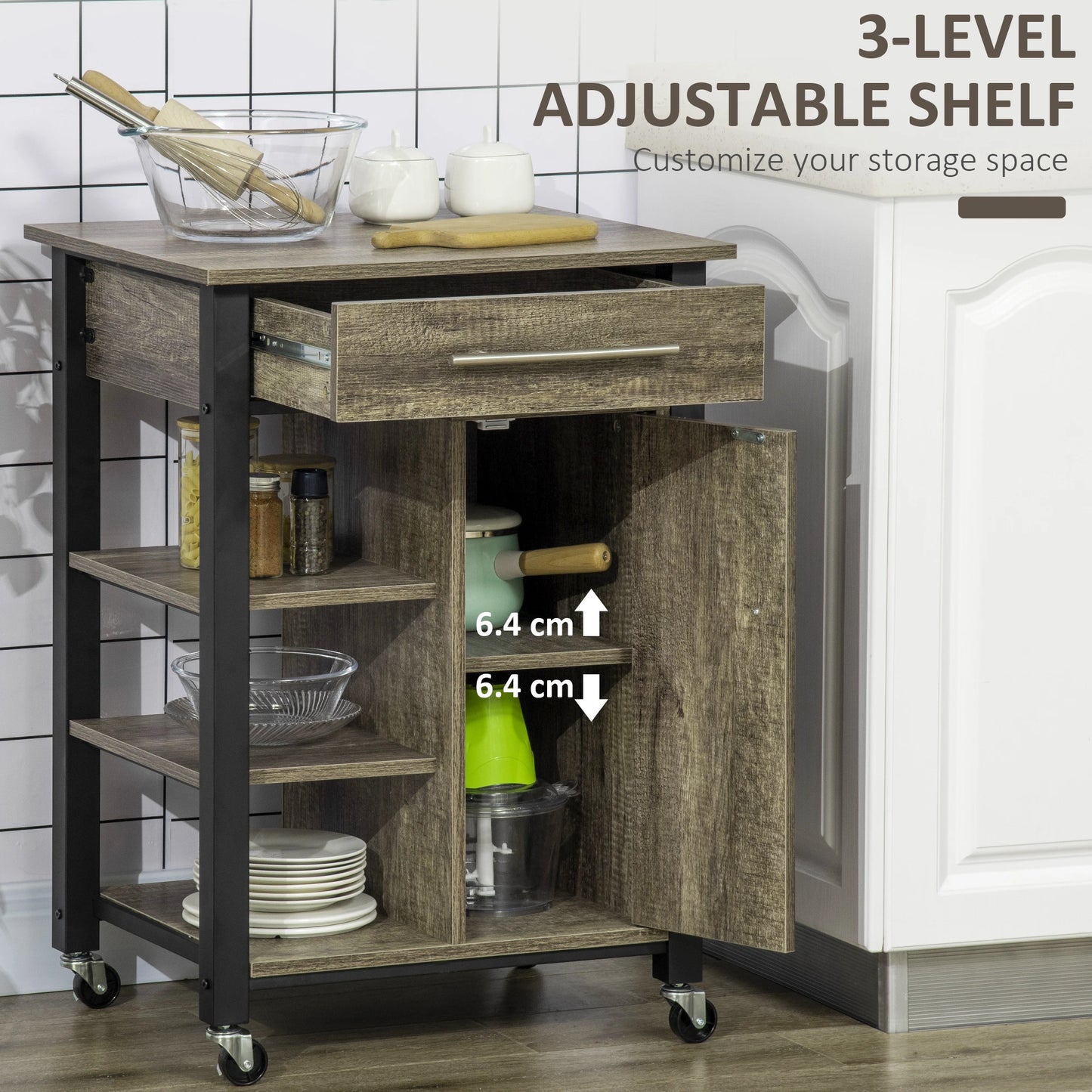 Kitchen Trolley Utility Cart on Wheels with Storage Shelves & Drawer for Dining Room, Dark Oak