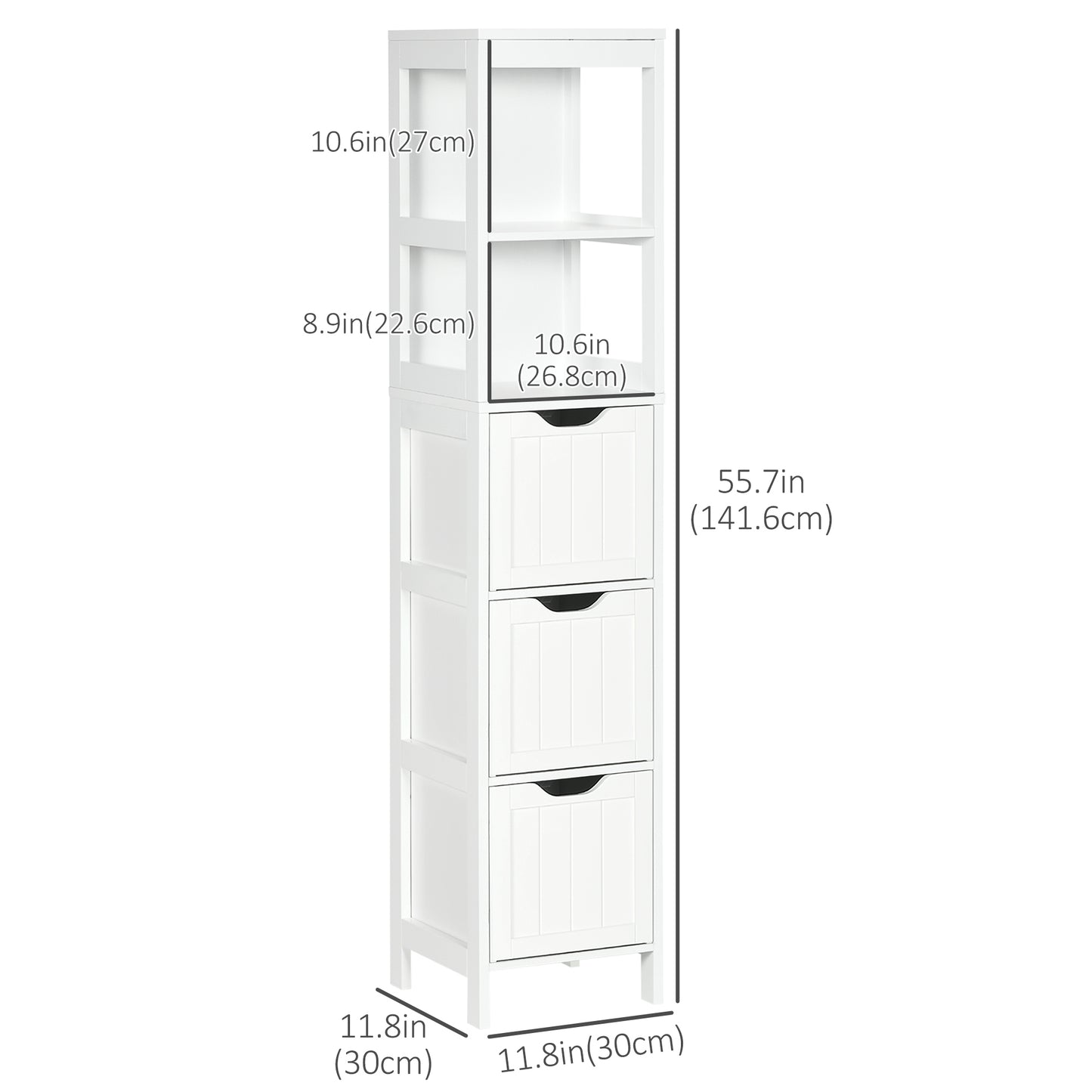 Narrow Bathroom Cabinet with 3 Drawers and 2 Tier Shelf, Tall Cupboard Freestanding Linen Towel, Slim Corner Organizer, White