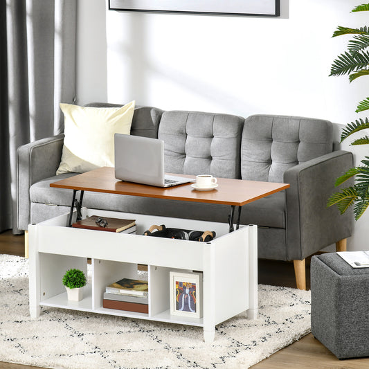 Lift Top Coffee Table with Hidden Storage Compartment and 3 Lower Shelves, Pop-Up Center Table for Living Room, White and Brown