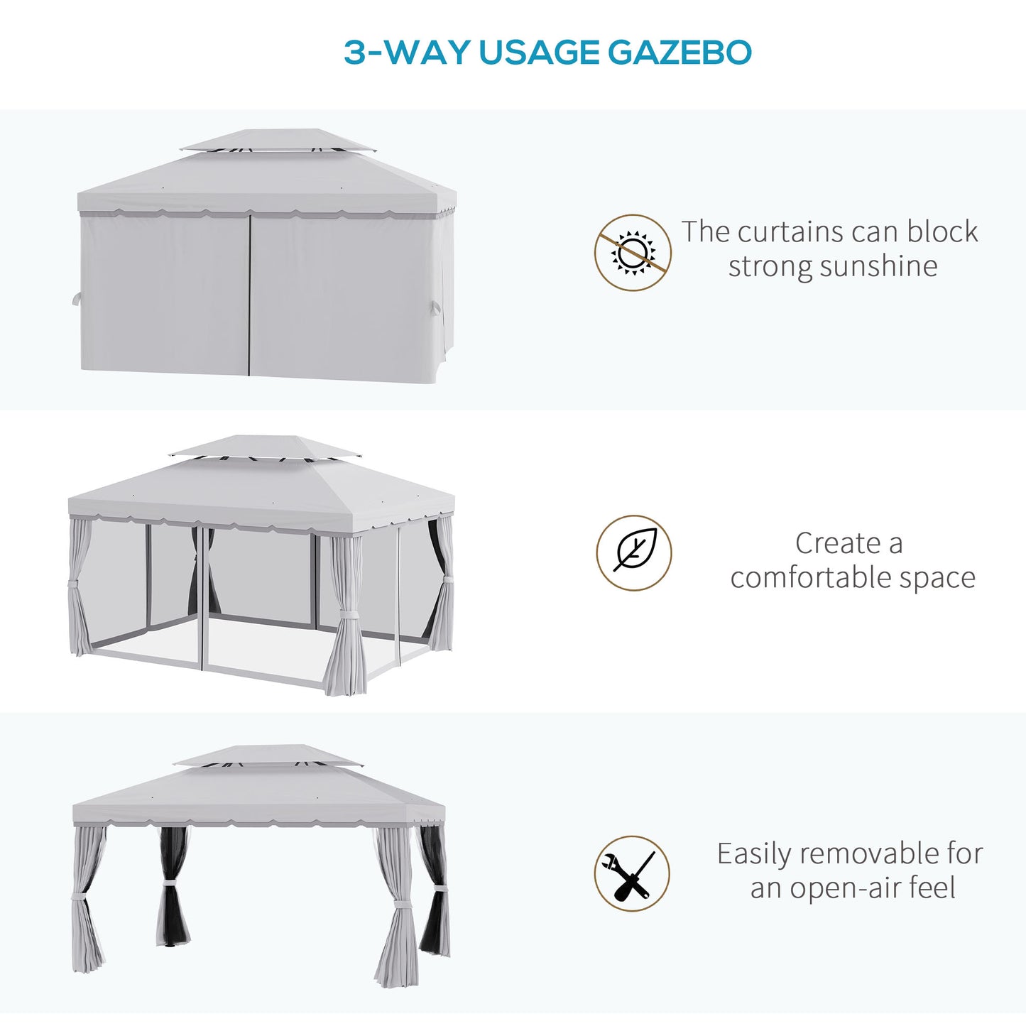 Outsunny 13' x 10' Outdoor Patio Gazebo Canopy with 2-Tier Polyester Roof Vented Mesh Sidewall & Strong Aluminum Frame Grey