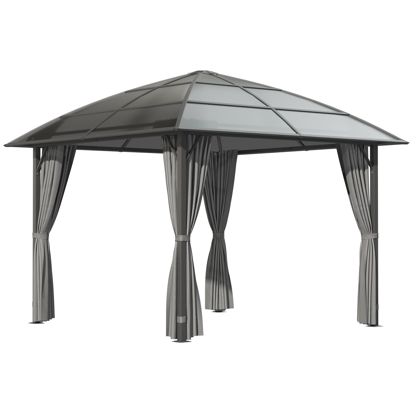 Outsunny 10' x 10' Outdoor Gazebo Canopy, Hardtop Gazebo with UV60+ Polycarbonate Roof, Solid Steel Frame, Central Hook, and Curtains, for Garden, Lawn, Backyard and Deck