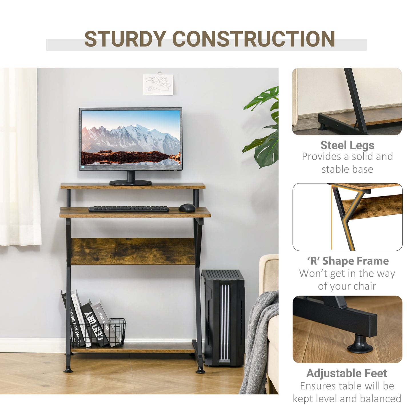 28" Compact Computer Desk, Industrial Z-Shaped Writing Desk with Monitor Shelf and Storage, Workstation for Home Office