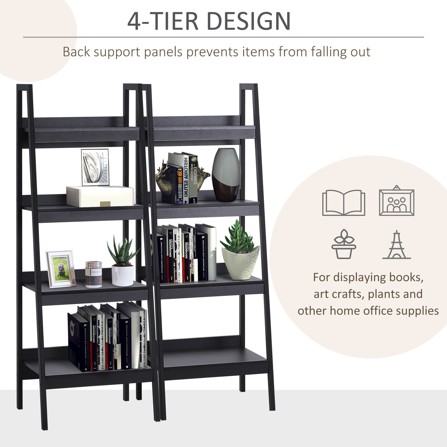 Set of 2 4 Tier Ladder Shelf Bookcase Multi-Use Display Rack Storage Shelving Unit Display Stand Flower Plant Holder Black