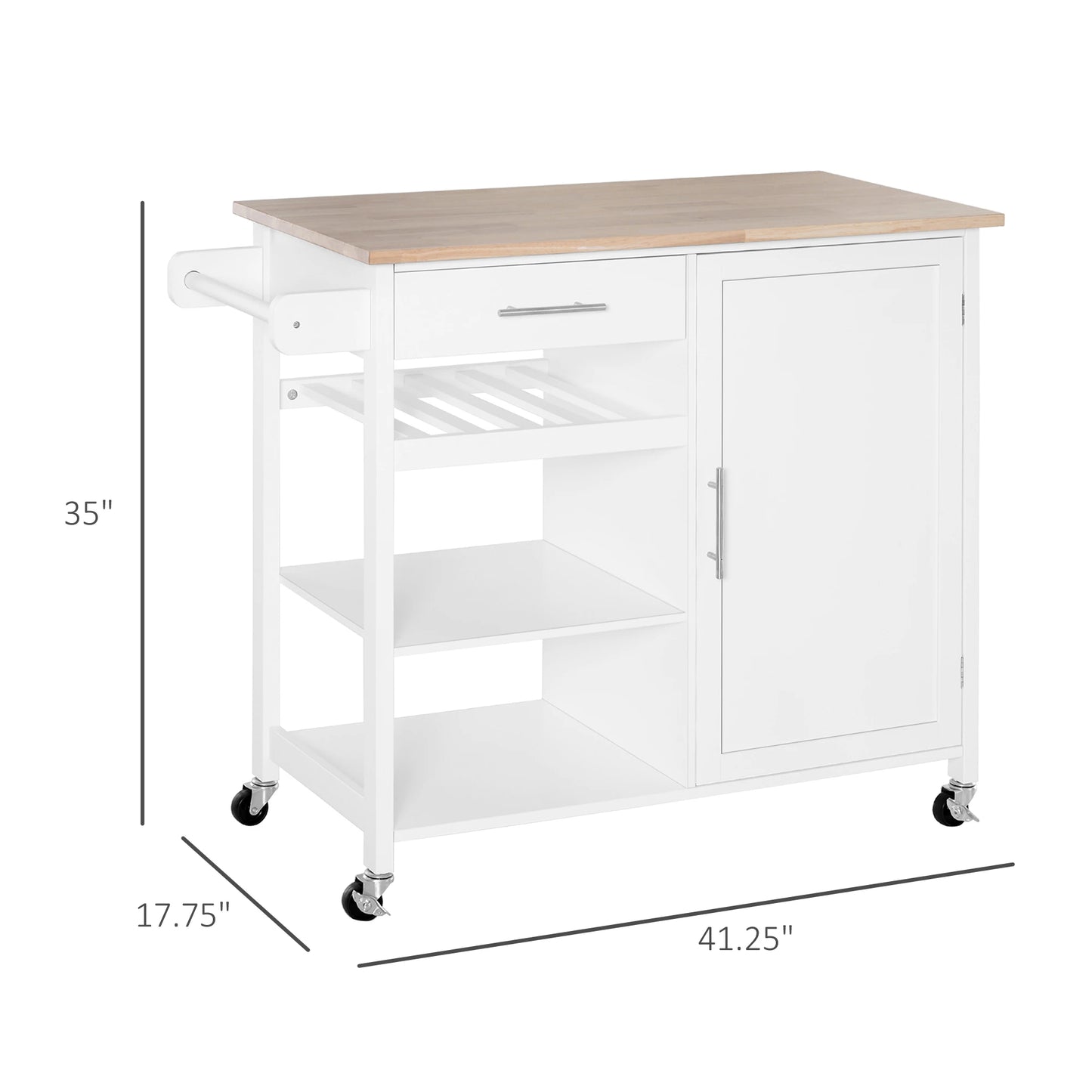 4-Tier Rolling Kitchen Island Utility Trolley Serving Cart Kitchen Storage Cart w/ Towel Rack, Butcher Block Countertop, Cabinet, Drawer, Shelves, White
13