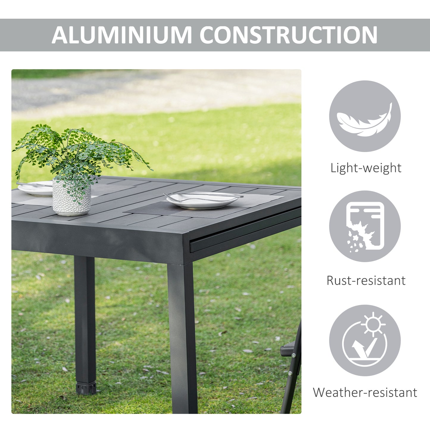 Outsunny Expandable Dining Table Metal Outdoor Slat Table for 4-6 Person Rectangular Lawn Garden Bistro Patio Table with Aluminum Frame, Grey