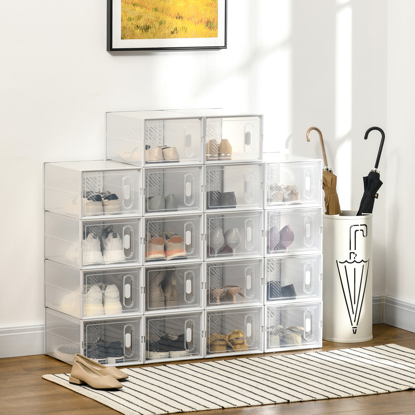 18-Cube Stackable Shoe Storage Organizer, Modular Shoe Cabinet, Ideal for Entryway, Hallway, Closet, 9.75 x 13.75 x 7.5 Inches, Clear and White