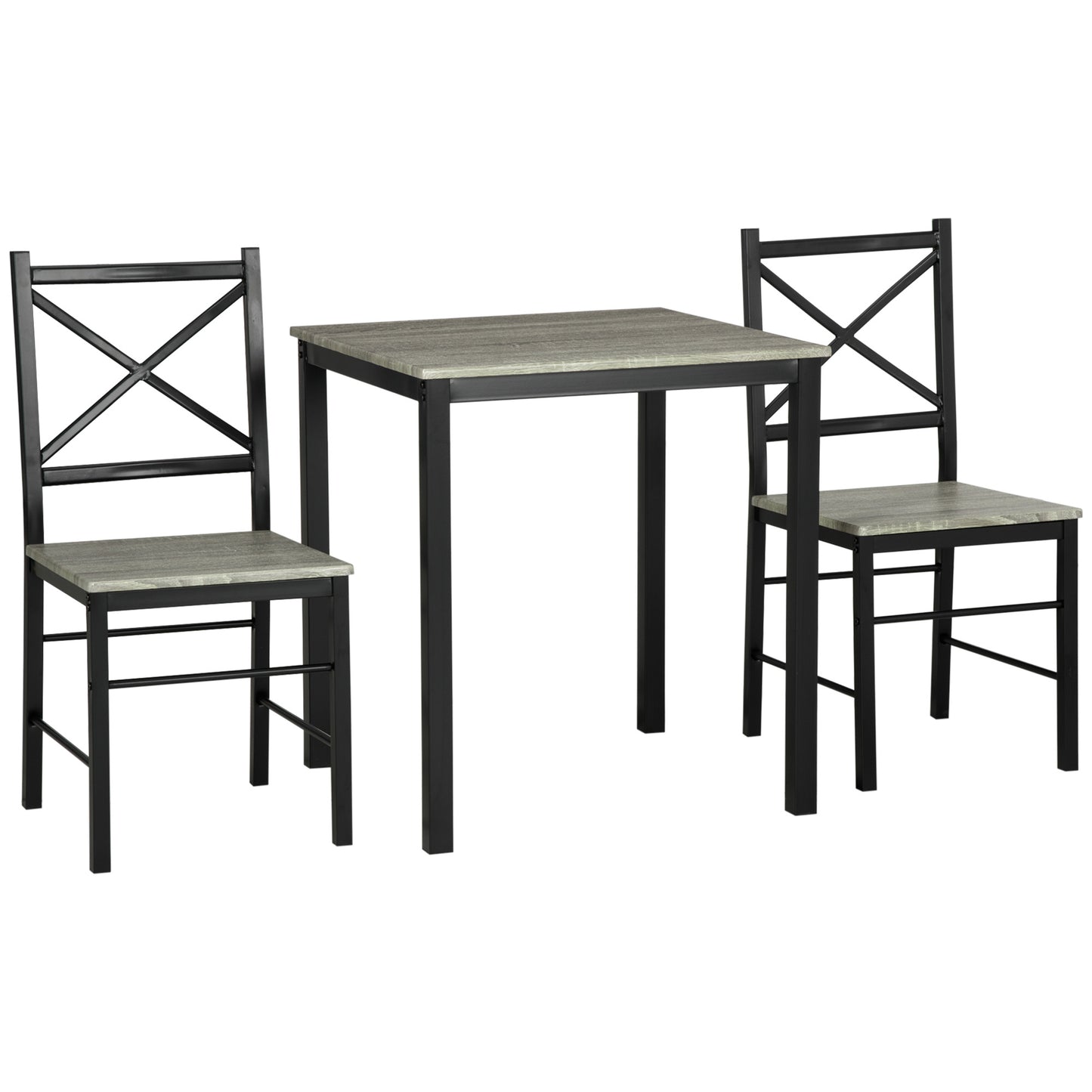 Industrial Dining Table Set of 3, Square Kitchen Table with 2 Chairs Steel Frame Footrest for Small Space, Grey