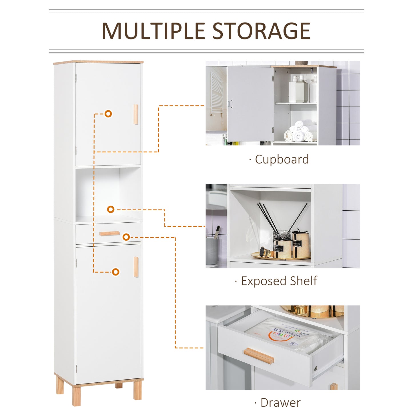 Bathroom Storage Cabinet with Cupboards and Drawer, Floor Free Standing Linen Tower, Tall Slim Side Organizer Shelves, White