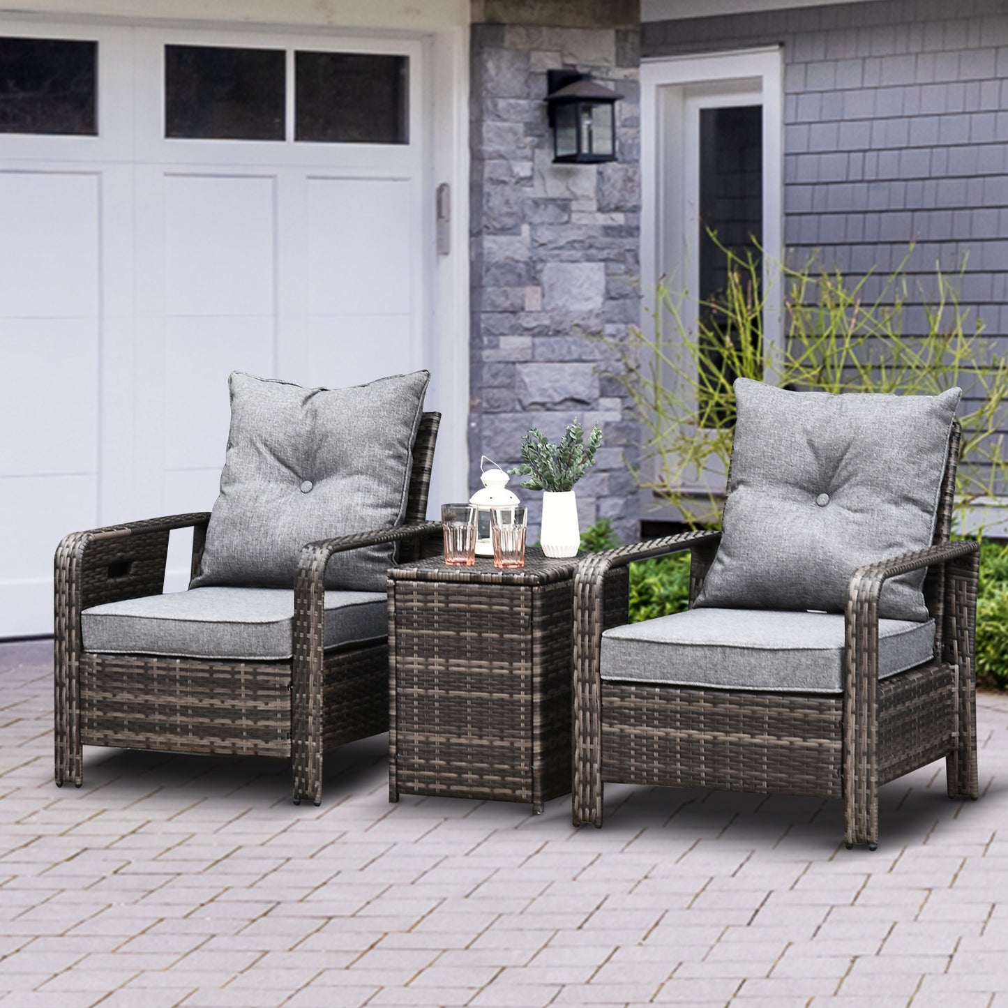 Outsunny 3 Piece PE Rattan Garden Sofa Set with 2 Padded Chairs 1 Storage Table, Mixed Brown