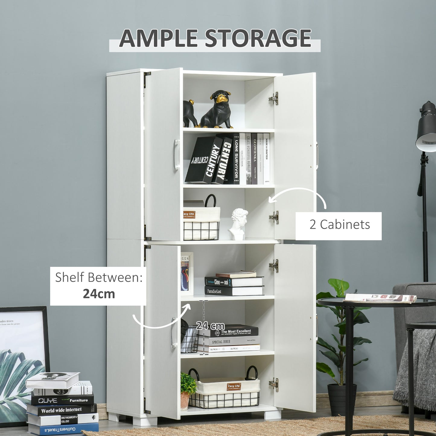 Industrial kitchen Pantry Storage Cabinet with 4 Doors, Cupboard with Shelves for Bedroom and Living Room, White