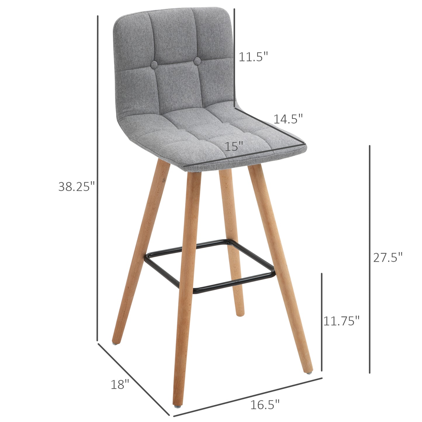 Modern Bar Stools Set of 2, 38" Upholstered Kitchen Island Stool with Solid Wood Legs, Backrest and Steel Footrest for Dining Room, Kitchen Counter, Grey