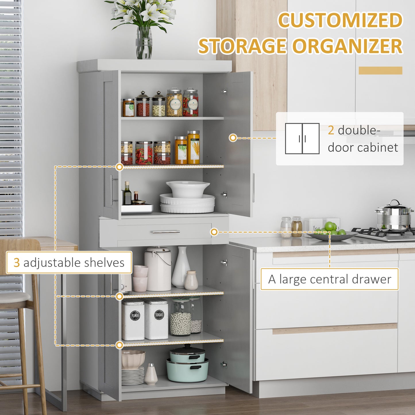 Modern Kitchen Pantry Freestanding Cabinet Cupboard with Doors and Shelves, Adjustable Shelving, Grey