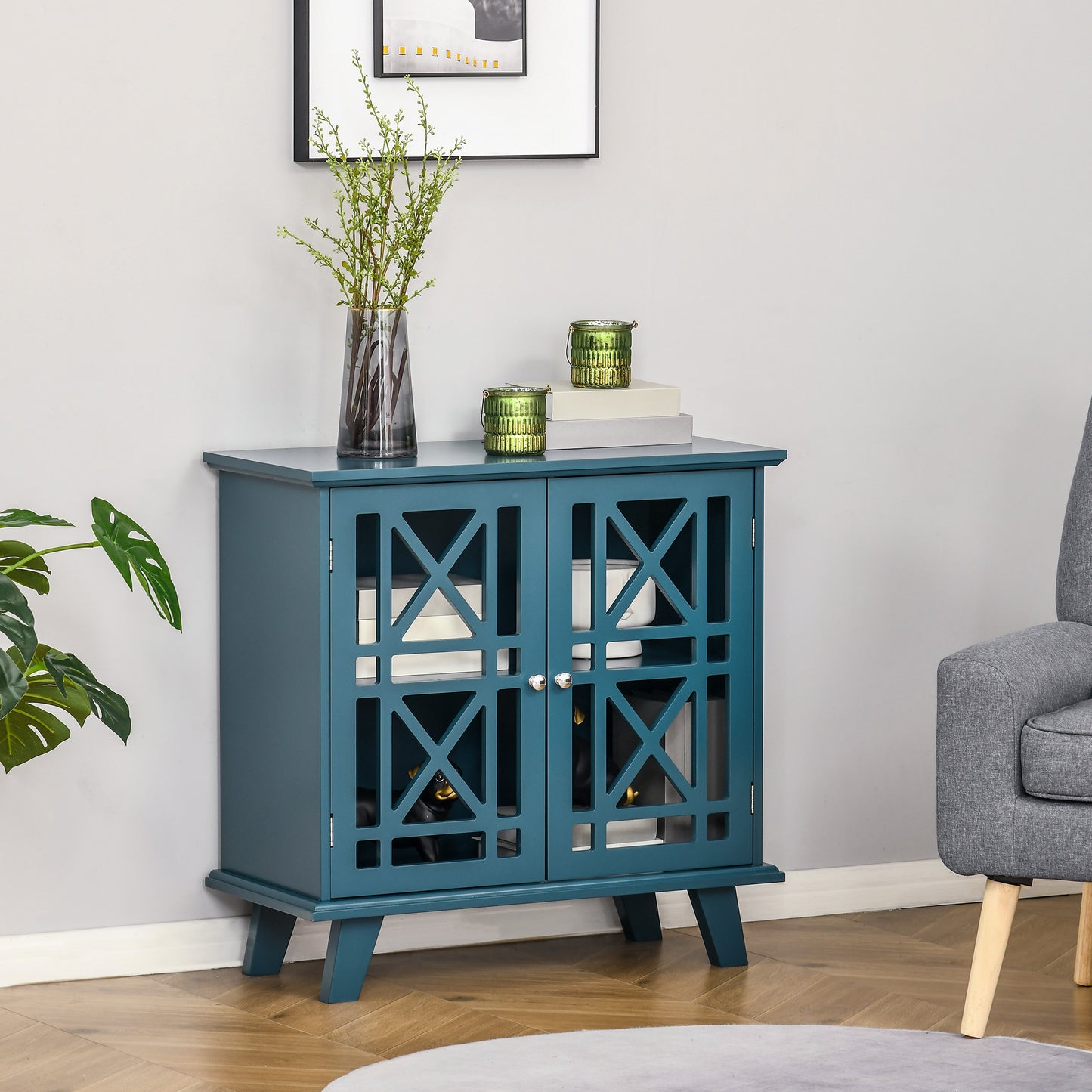 Storage Cabinet with Fretwork Doors and Shelf, Modern Freestanding Sideboard, Serving Buffet for Dining Living Room, Blue