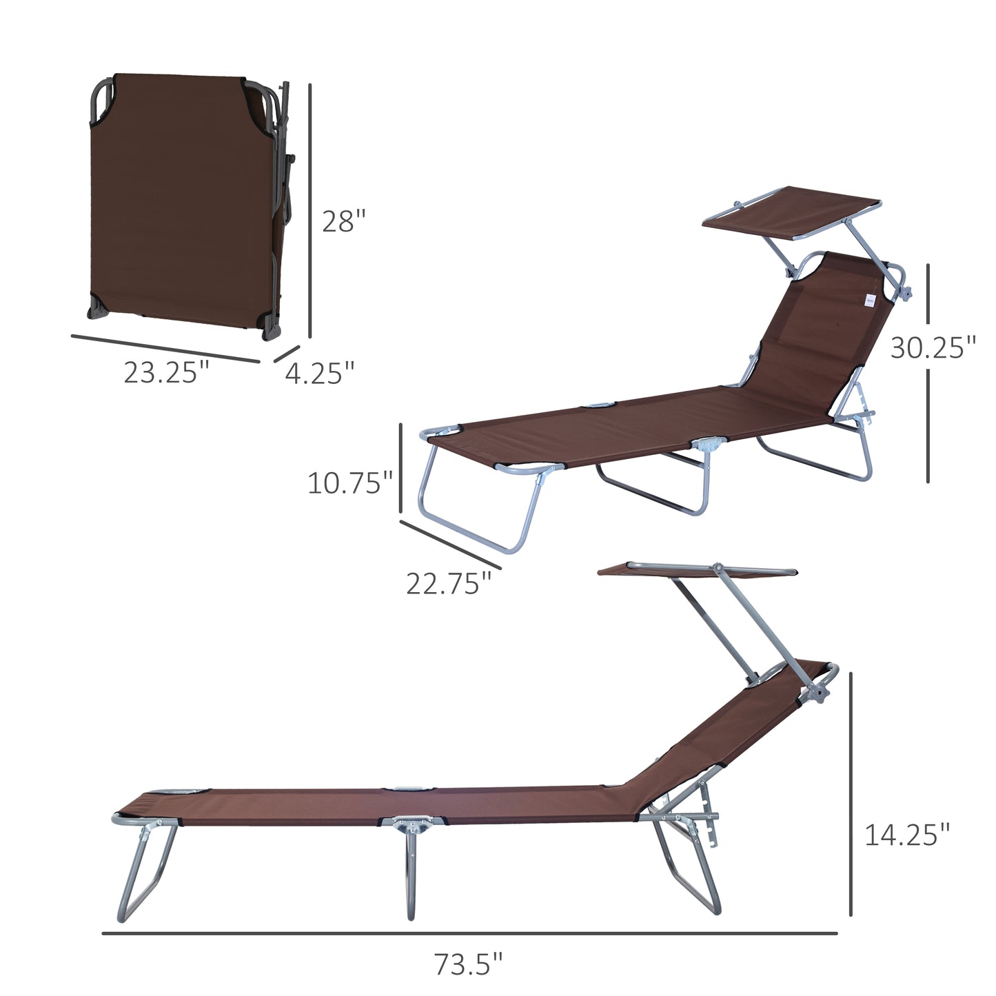 Outsunny Adjustable Garden Chaise Lounge Outdoor Camping Beach Lounging Bed Reclining Seat Portable with Sun Shade, Brown