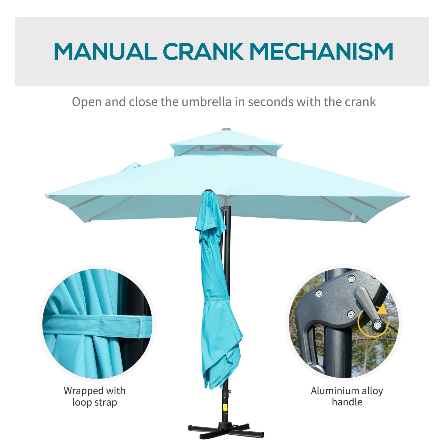 Outsunny 10' x 10' Patio Umbrella Outdoor Square Cantilever Offset Umbrella Aluminum with 360° Rotation, 5 Adjustable Tilt Angles and Umbrella Cover, Light Blue