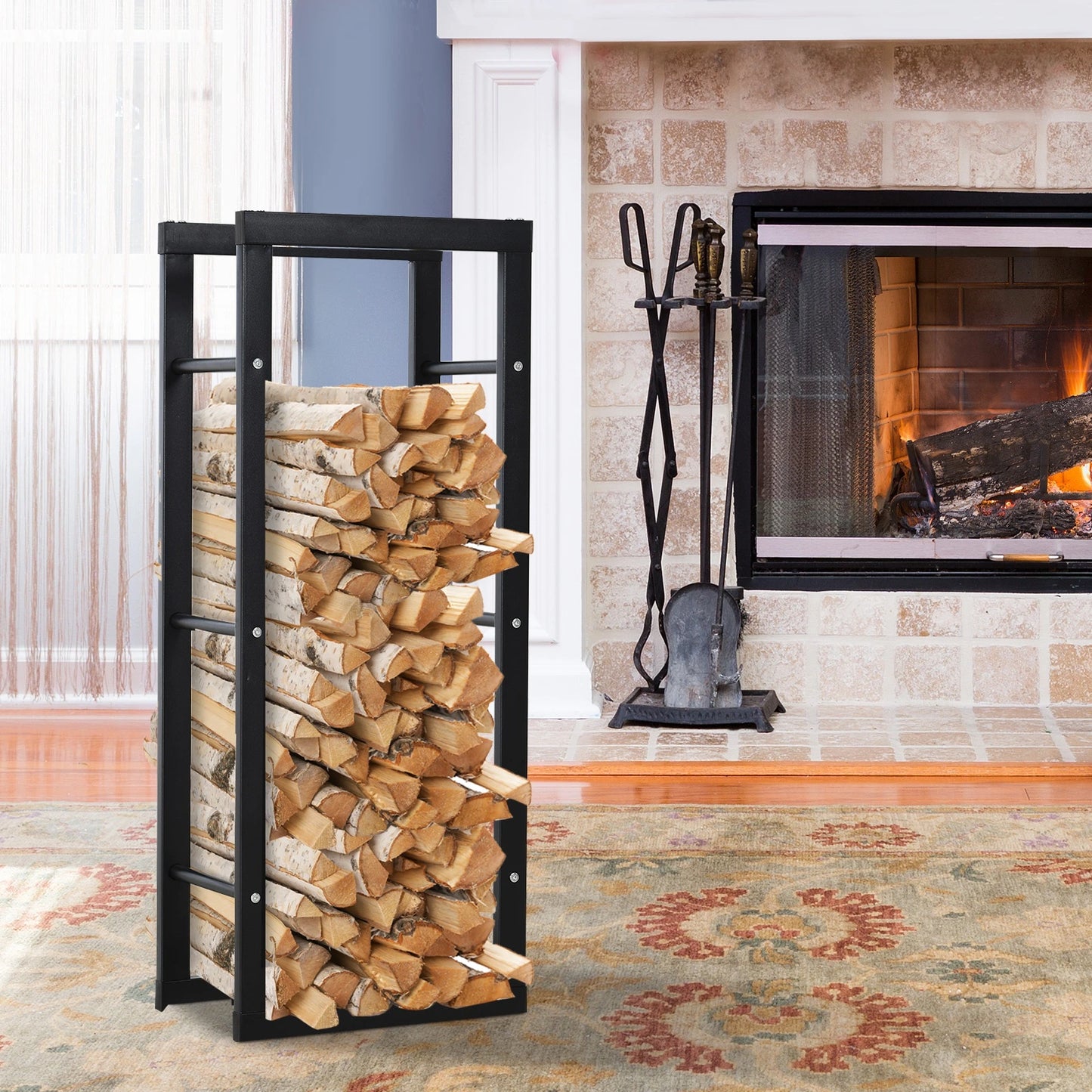 16" Firewood Rack Log Holder Fireplace Storage Rack with Handles and 220 lbs. Weight Capacity, Black