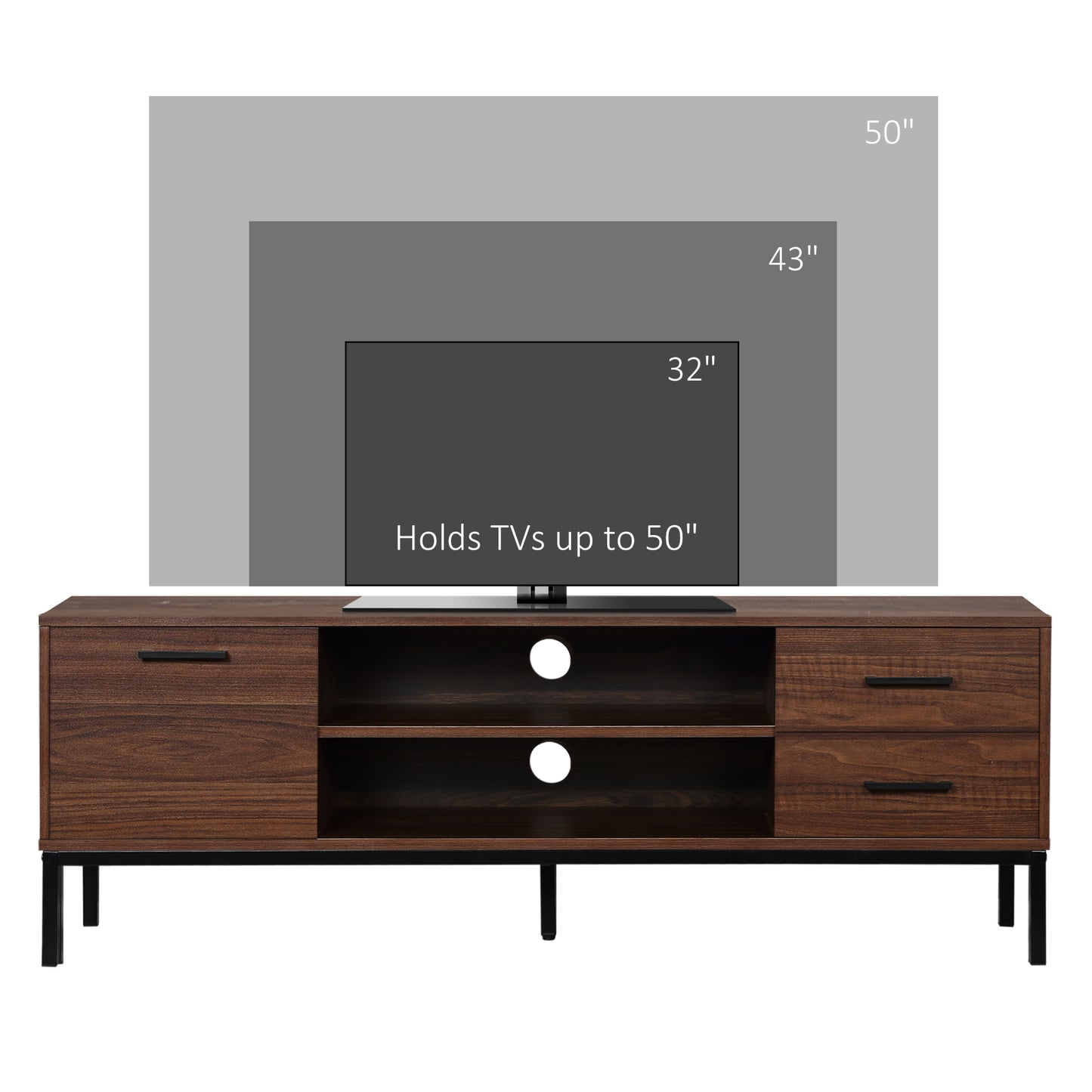 TV Stand for TV up to 50 Inches, Entertainment Center with Door, Open Storage and Drawers, TV Table with Steel Legs, Dark Walunt