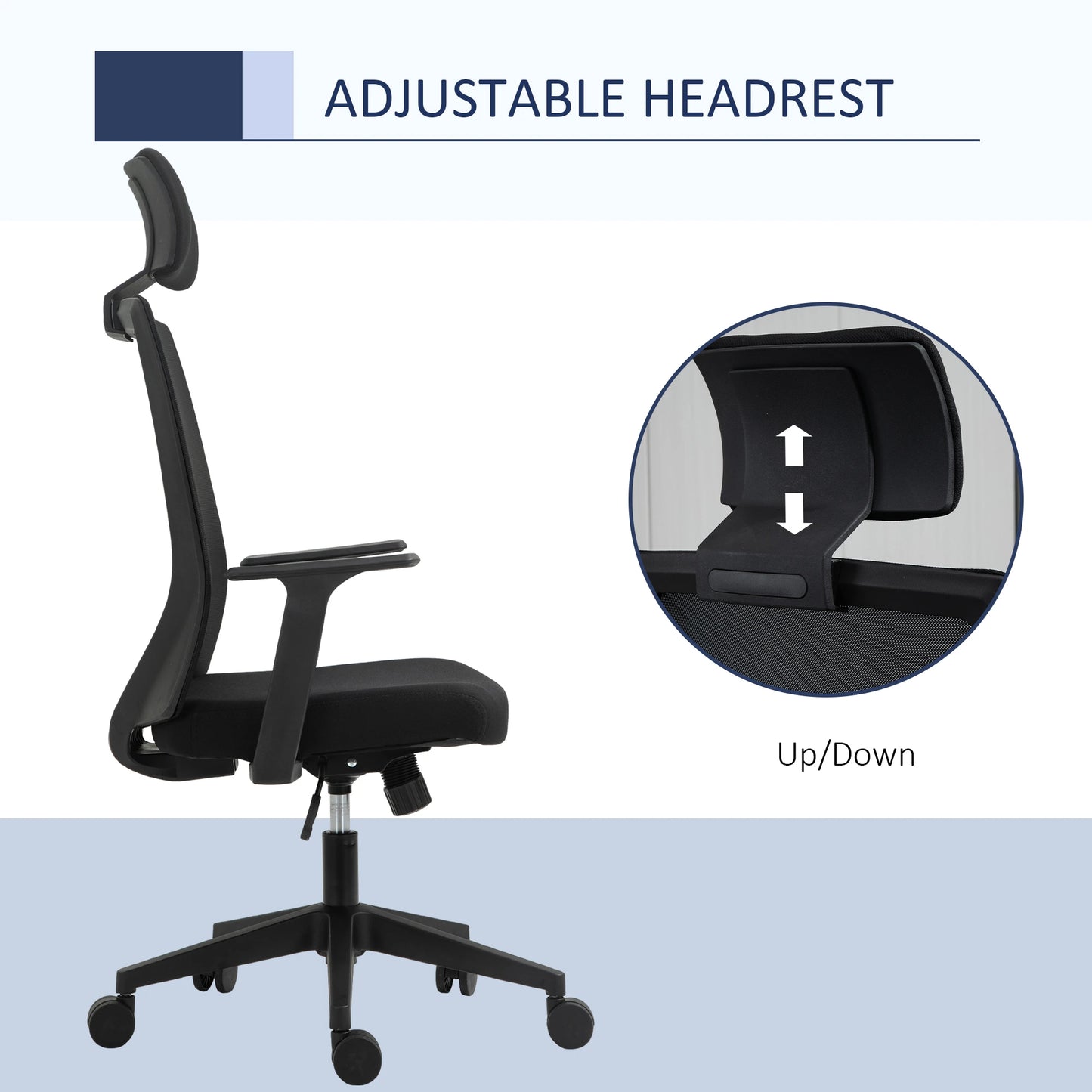 High Back Office Chair Swivel Task Chair with Lumbar Back Support, Breathable Mesh, and Adjustable Height, Headrest, Black