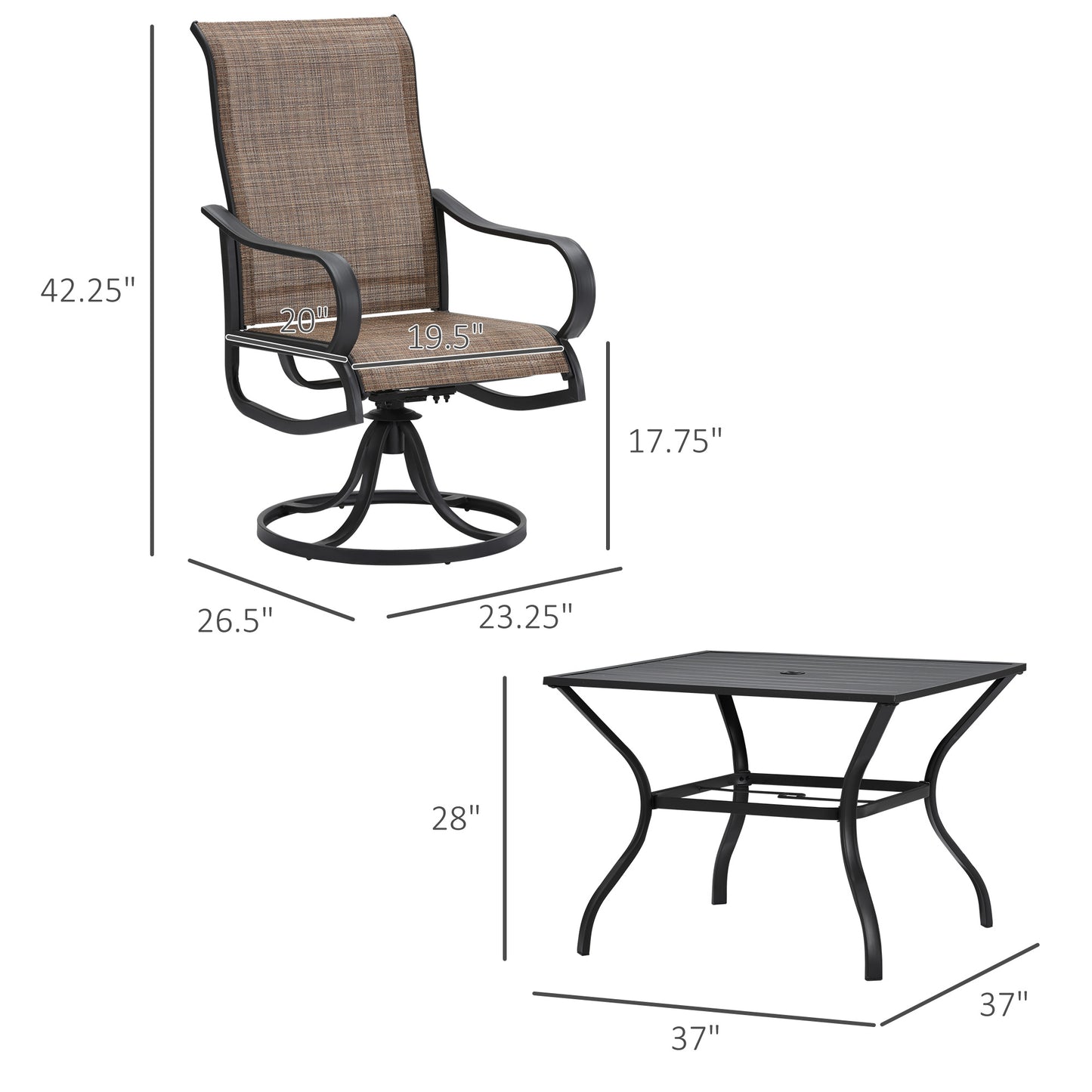 Outsunny 5-Piece Outdoor Patio Dining Set, 4 Swivel Rocker Chairs and 37" x 37" Dining Table Furniture Set with Umbrella Hole for Garden, Lawn and Backyard, Black (Umbrella not included)