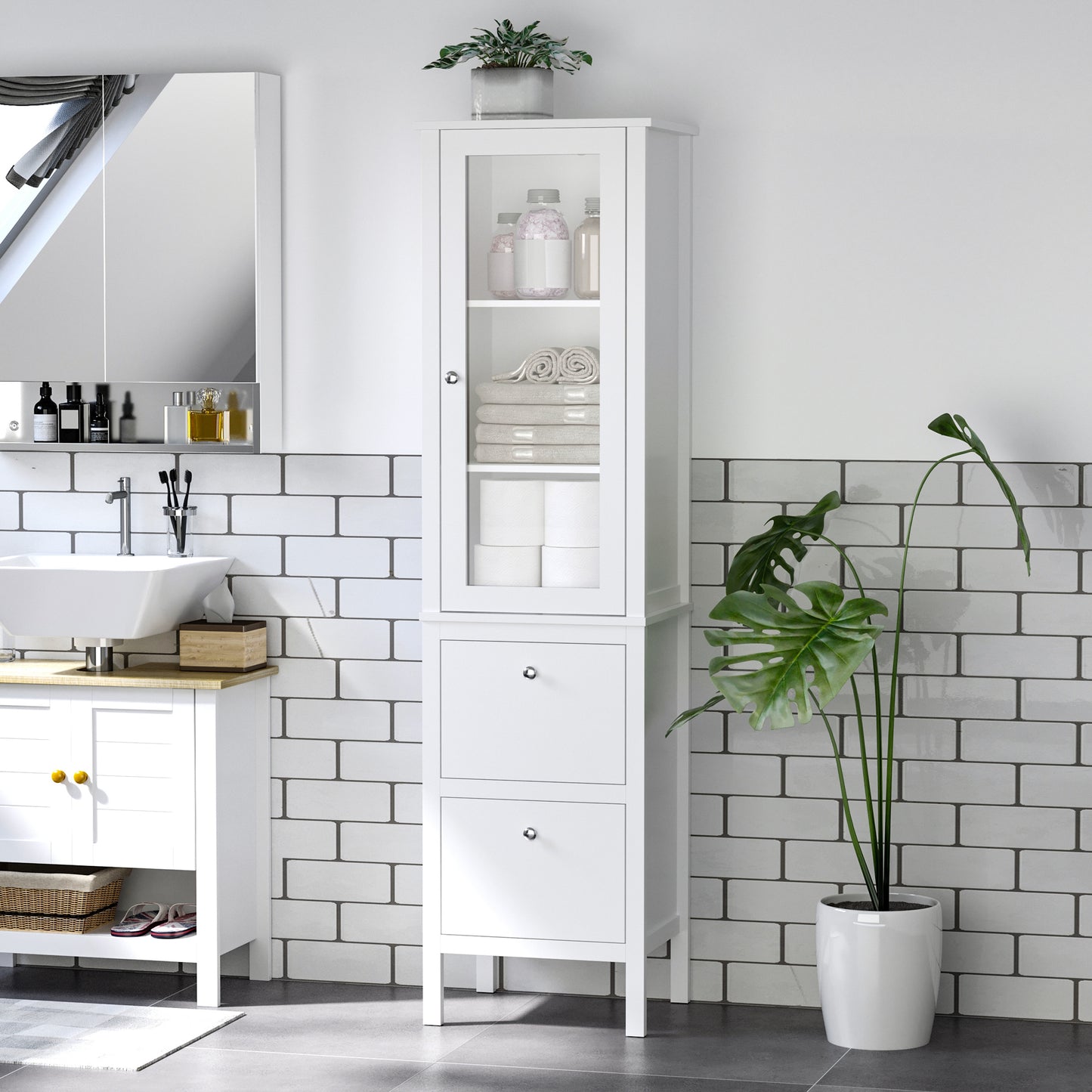 Tall Bathroom Cabinet with Tempered Glass Door, Storage Organizer, Freestanding Linen Tower with 2 Adjustable Shelves and 2 Drawers