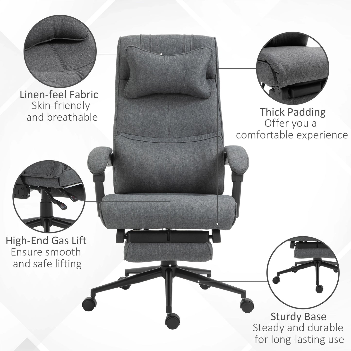 Ergonomic Executive Office Chair High Back Computer Desk Chair Linen Fabric 360° Swivel Adjustable Recliner Chair with Headrest, Lumbar Support, Padded Armrest and Retractable Footrest, Grey