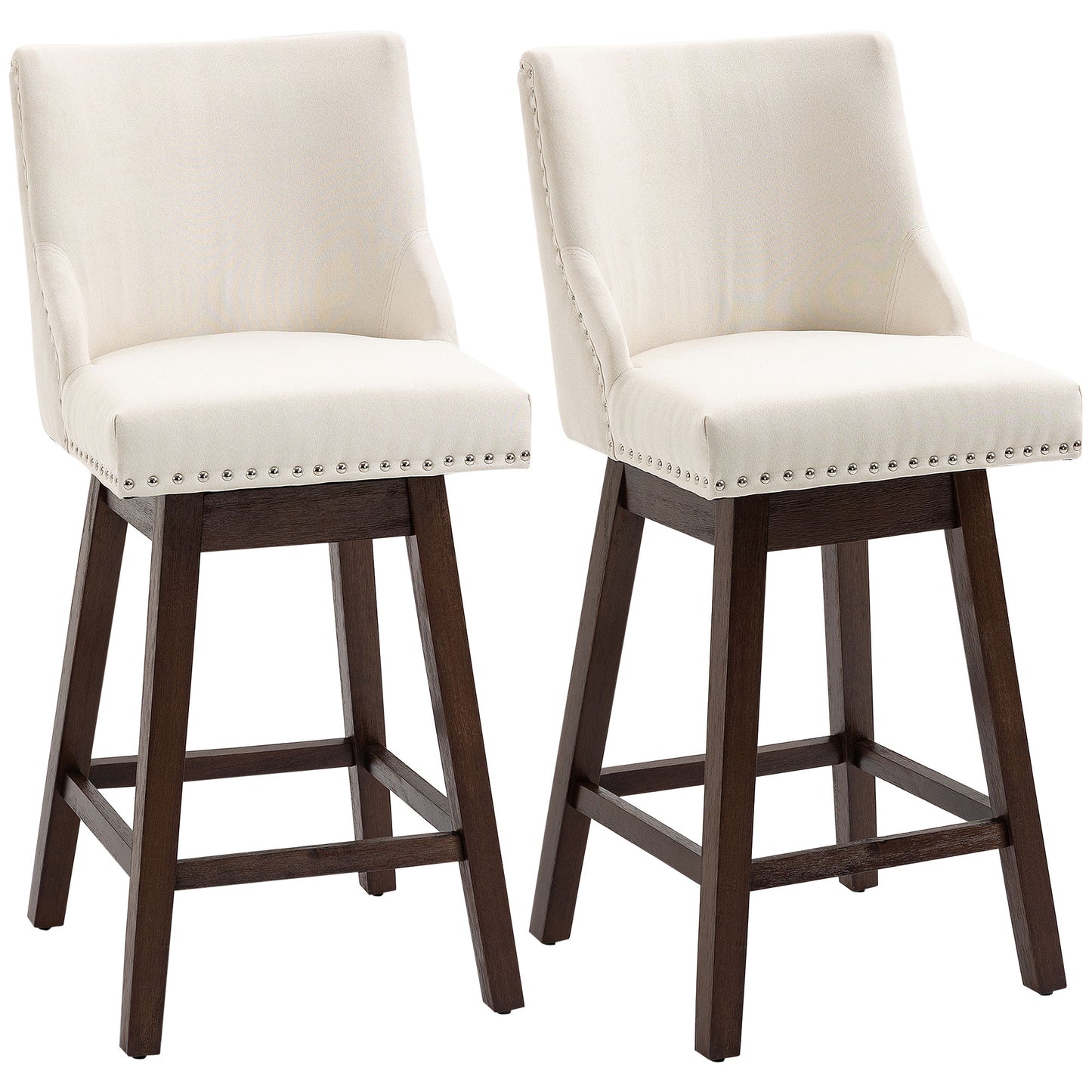 Swivel Bar stool Set of 2 Armless Upholstered Bar Chairs with Nailhead-Trim, Wood Legs, Cream White