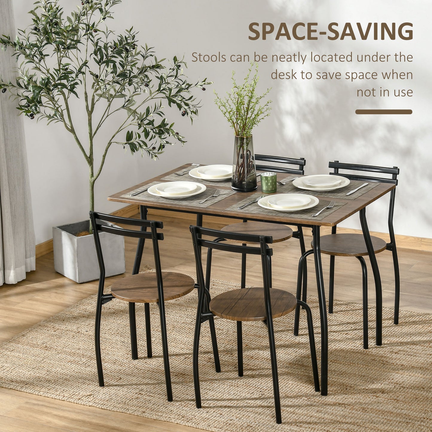 Industrial Dining Table Set for 4, Kitchen Table with 4 Chairs Steel Frame for Small Space, Dark Walnut