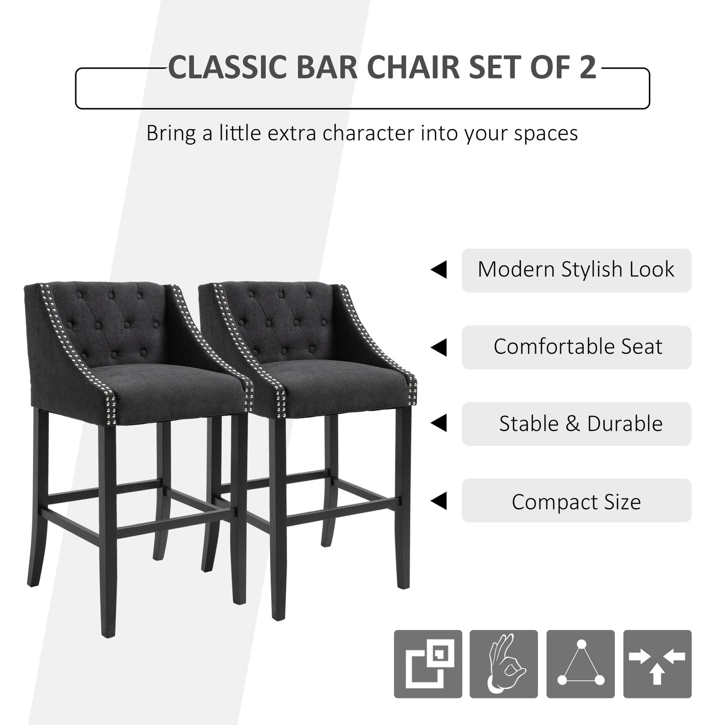 Set of 2 Height Bar Chairs Button Tufted Barstools for Kitchen w/ Nailhead Trim, Footrest, Upholstered Seat, Solid Wood Leg, Dark Grey