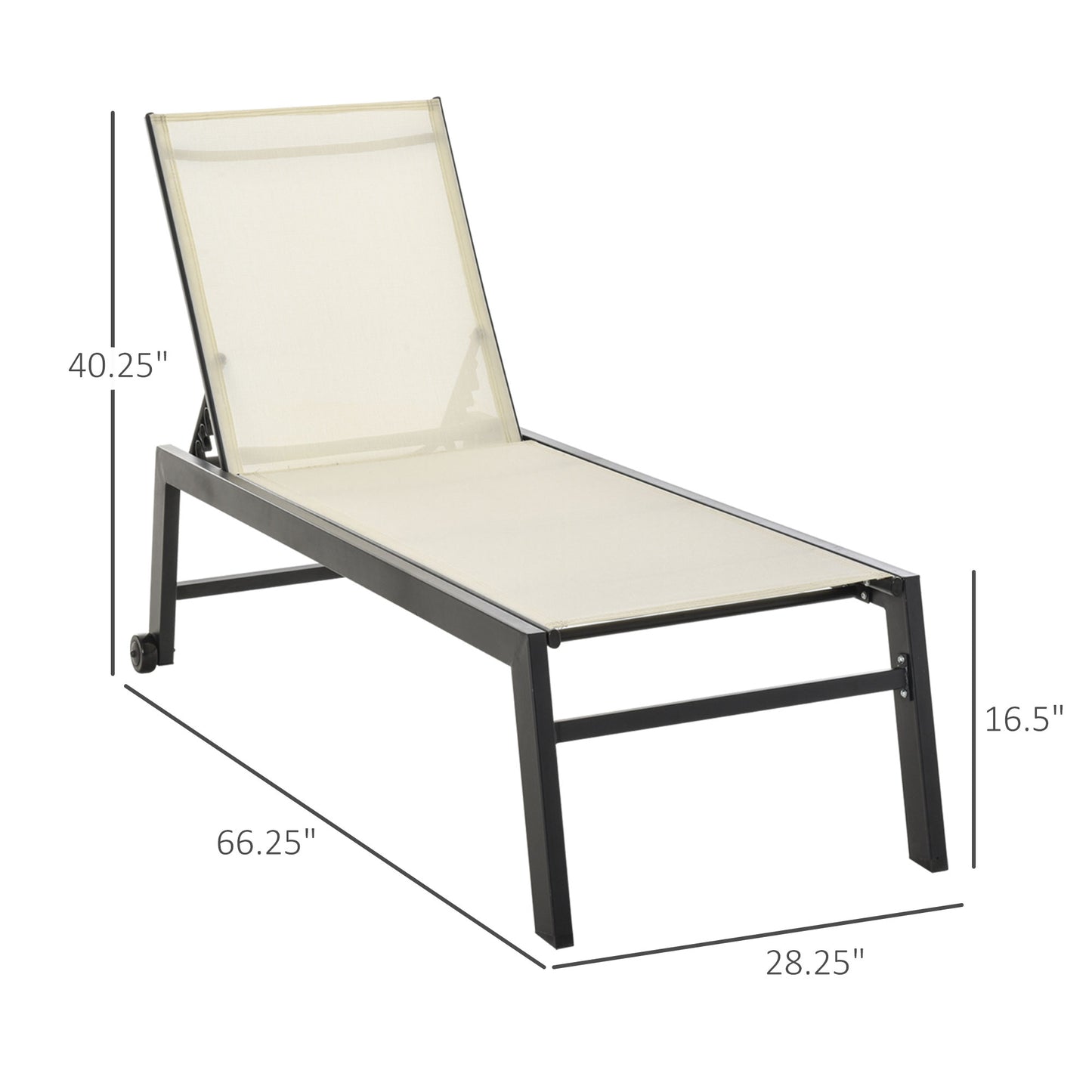 Outsunny Outdoor Lounge Chair, Patio Lounger with 5-Position Reclining Backrest and 2 Wheels for Poolside, Beach, Lawn, Cream White