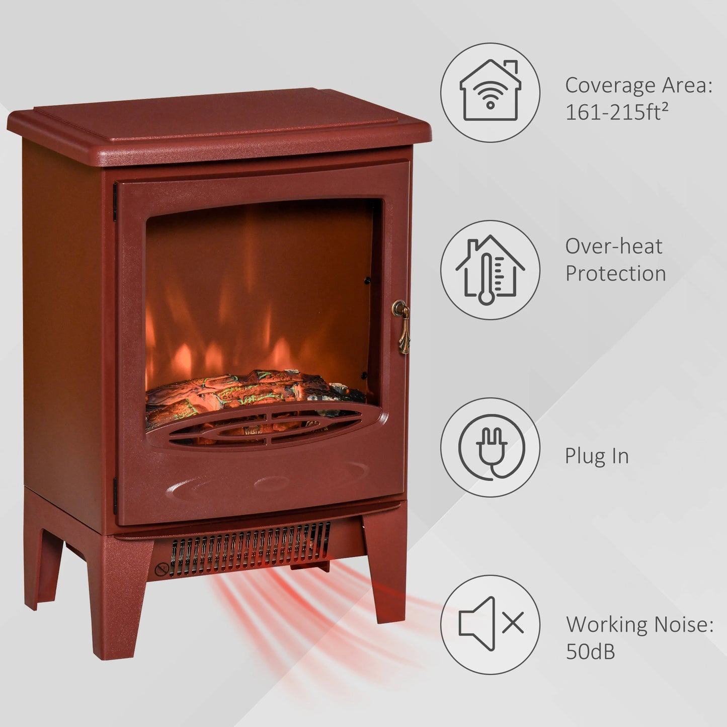 Electric Fireplace Stove, Free standing Fireplace Heater with Realistic Flame Effect, Overheat Safety Protection, 750W/1500W, Red